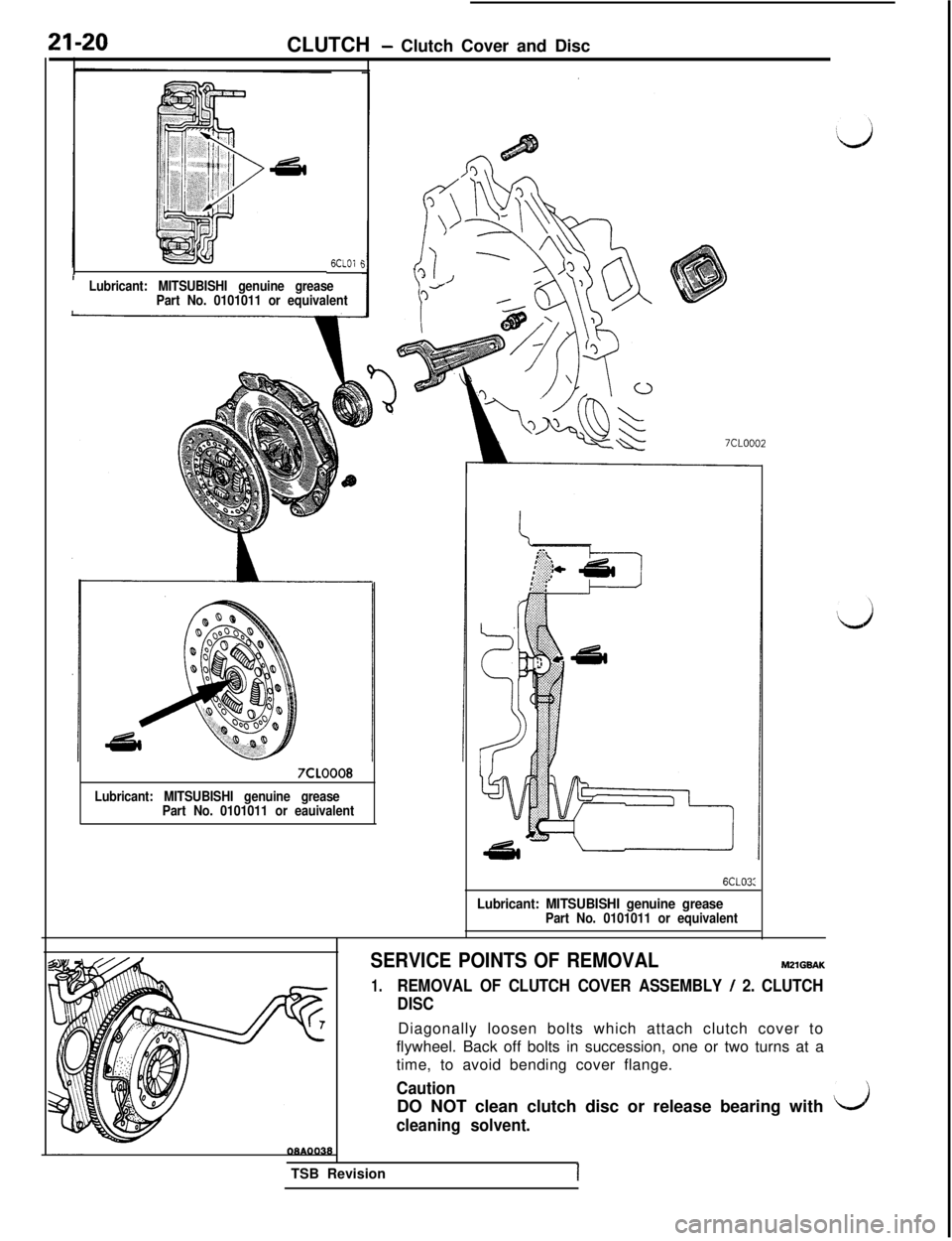 MITSUBISHI 3000GT 1991  Service Manual CLUTCH - Clutch Cover and Disc
6CLOl f
Lubricant: MITSUBISHI genuine grease
Part No. 0101011 or equivalent
7CLOOO8
Lubricant: MITSUBISHI genuine grease
Part No. 0101011 or eauivalent
6CL03:
Lubricant: