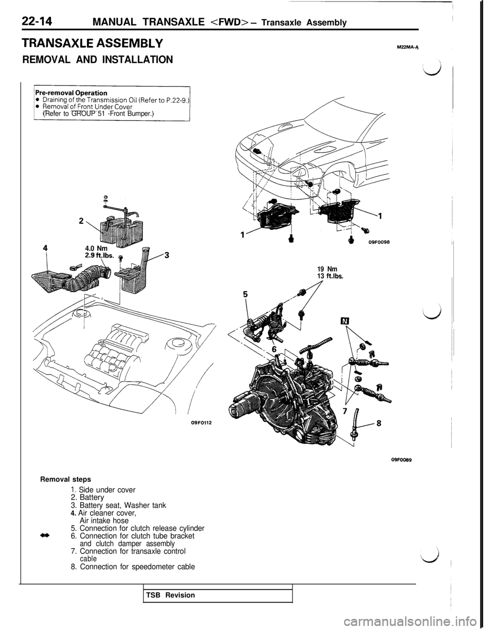 MITSUBISHI 3000GT 1991 Service Manual 22-14MANUAL TRANSAXLE <FWD> - Transaxle Assembly
TRANSAXLE ASSEMBLY
REMOVAL AND INSTALLATION
(Refer to GROUP 51 -Front Bumper.)
4.0 Nm2.9ft$bs. t09FO112
19 Nm
13 ft.lbs.M22MA-A
Removal steps
1. Side u MITSUBISHI 3000GT 1991 Service Manual 22-14MANUAL TRANSAXLE <FWD> - Transaxle Assembly
TRANSAXLE ASSEMBLY
REMOVAL AND INSTALLATION
(Refer to GROUP 51 -Front Bumper.)
4.0 Nm2.9ft$bs. t09FO112
19 Nm
13 ft.lbs.M22MA-A
Removal steps
1. Side u