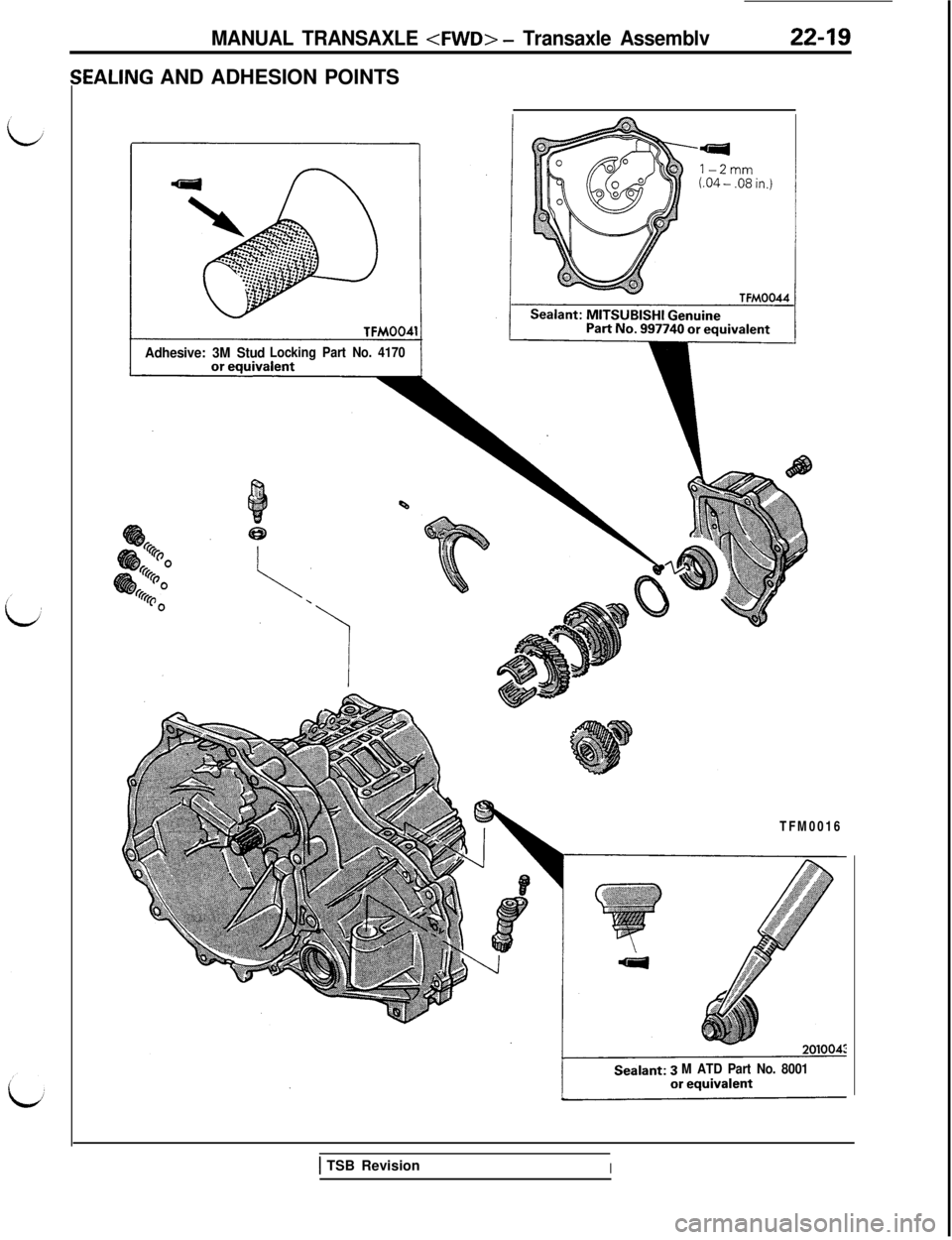 MITSUBISHI 3000GT 1991 Service Manual MANUAL TRANSAXLE <FWD> - Transaxle Assemblv
;EALING AND ADHESION POINTS
Adhesive: 3M StudLocking Part No. 4170TFM0016
M ATD Part No. 8001
1 TSB RevisionI MITSUBISHI 3000GT 1991 Service Manual MANUAL TRANSAXLE <FWD> - Transaxle Assemblv
;EALING AND ADHESION POINTS
Adhesive: 3M StudLocking Part No. 4170TFM0016
M ATD Part No. 8001
1 TSB RevisionI