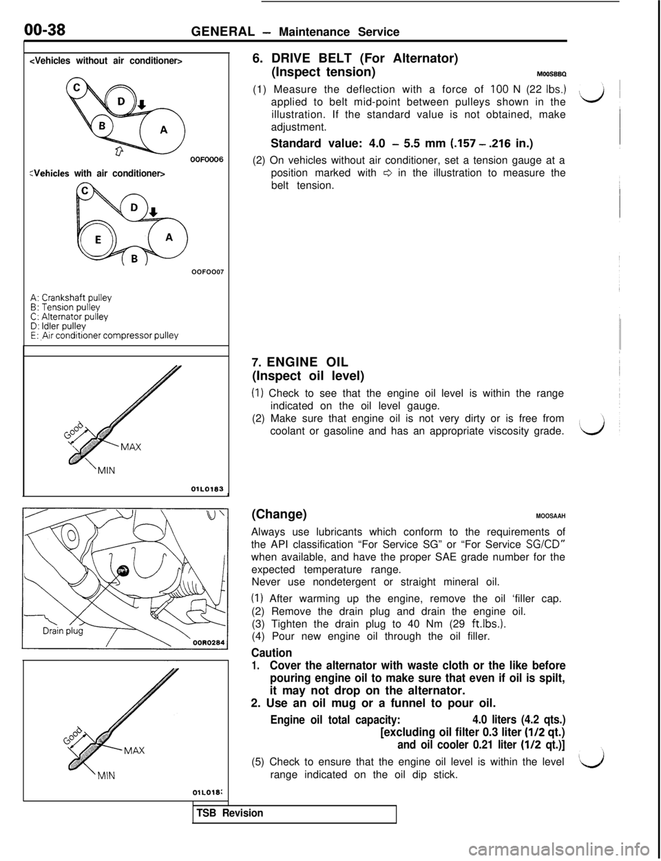 MITSUBISHI 3000GT 1991  Service Manual 00-38GENERAL - Maintenance Service
<Vehicles without air conditioner>6. DRIVE BELT (For Alternator)
00F0006
:Vehicles with air conditioner>OOFOO07
A: Crankshaft pulleyB: Tension pulleyC: Alternator pu