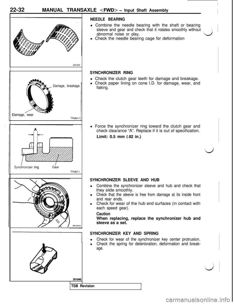 MITSUBISHI 3000GT 1991 User Guide 22-32MANUAL TRANSAXLE <FWD> - Input Shaft Assembly
20105
Damage, breakage
Damage, wearTFMOll!
Synchnizer ringGLar
TFMOll201044
/
NEEDLE BEARINGl Combine the needle bearing with the shaft or bearing
s