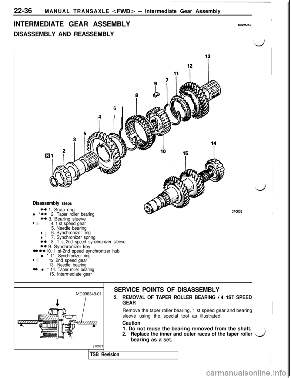 MITSUBISHI 3000GT 1991 Service Manual 22-36MANUAL TRANSAXLE <FWD>- Intermediate Gear Assembly
INTERMEDIATE GEAR ASSEMBLY
IMZZMJAS
DISASSEMBLY AND REASSEMBLY
64
I
Disassembly steps
I)* 1. Snap ringl * **2. Taper roller bearing
** 3. Bearin MITSUBISHI 3000GT 1991 Service Manual 22-36MANUAL TRANSAXLE <FWD>- Intermediate Gear Assembly
INTERMEDIATE GEAR ASSEMBLY
IMZZMJAS
DISASSEMBLY AND REASSEMBLY
64
I
Disassembly steps
I)* 1. Snap ringl * **2. Taper roller bearing
** 3. Bearin