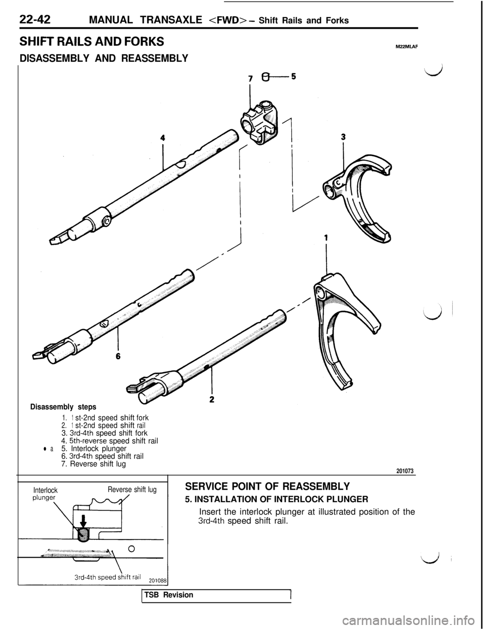 MITSUBISHI 3000GT 1991  Service Manual 22-42MANUAL TRANSAXLE <FWD> - Shift Rails and Forks
SHIFT RAILS AND FORKSMZZMLAF
DISASSEMBLY AND REASSEMBLY
7-5i-s
Disassembly steps
1.1st-2ndspeedshiftfork2.1st-2ndspeedshiftrail3. 3rd4th speed shift