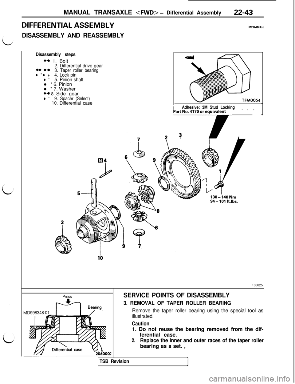 MITSUBISHI 3000GT 1991  Service Manual MANUAL TRANSAXLE <FWD> - Differential Assembly22-43
DIFFERENTIAL ASSEMBLY
IDISASSEMBLY AND REASSEMBLY
Disassembly steps
** 1. Bolt2. Differential drive gear** *+3. Taper roller bearingl * l +4. Lock p