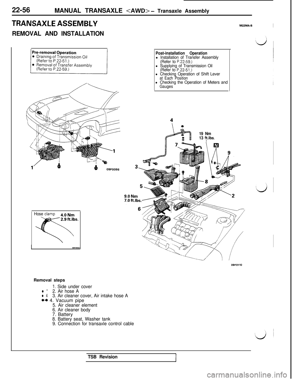 MITSUBISHI 3000GT 1991 Service Manual 22-56
MANUAL TRANSAXLE <AWD> - Transaxle Assembly
TRANSAXLE ASSEMBLY
REMOVAL AND INSTALLATION
Hose clamp4.0 Nm
Removal steps
Post-installation Operationl Installation of Transfer Assembly
(Refer to P. MITSUBISHI 3000GT 1991 Service Manual 22-56
MANUAL TRANSAXLE <AWD> - Transaxle Assembly
TRANSAXLE ASSEMBLY
REMOVAL AND INSTALLATION
Hose clamp4.0 Nm
Removal steps
Post-installation Operationl Installation of Transfer Assembly
(Refer to P.
