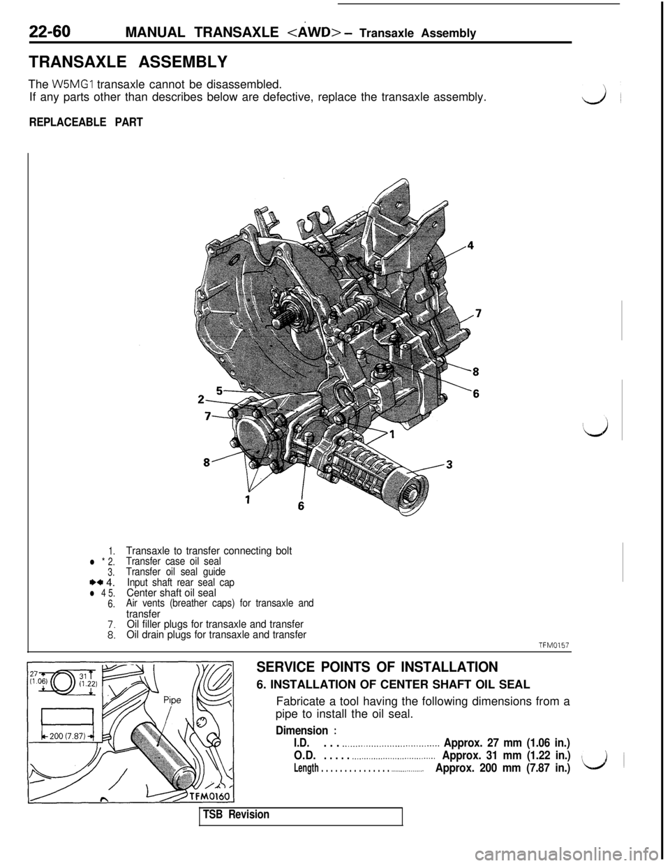 MITSUBISHI 3000GT 1991 Service Manual 22-60MANUAL TRANSAXLE <dWD> - Transaxle Assembly
TRANSAXLE ASSEMBLY
The W5MGl transaxle cannot be disassembled.
If any parts other than describes below are defective, replace the transaxle assembly.
R MITSUBISHI 3000GT 1991 Service Manual 22-60MANUAL TRANSAXLE <dWD> - Transaxle Assembly
TRANSAXLE ASSEMBLY
The W5MGl transaxle cannot be disassembled.
If any parts other than describes below are defective, replace the transaxle assembly.
R
