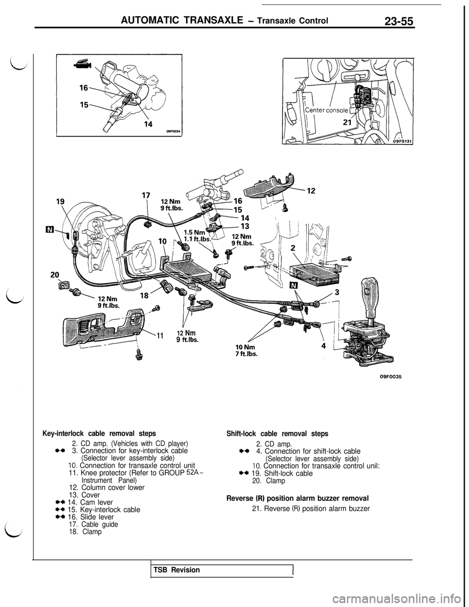 MITSUBISHI 3000GT 1991 Service Manual AUTOMATIC TRANSAXLE - Transaxle Control
23-55
V’
1112 Nm9 ft.lbs.
Key-interlock cable removal steps
2. CD amp. (Vehicles with CD player)I)+3. Connection for key-interlock cable(Selector lever assemb MITSUBISHI 3000GT 1991 Service Manual AUTOMATIC TRANSAXLE - Transaxle Control
23-55
V’
1112 Nm9 ft.lbs.
Key-interlock cable removal steps
2. CD amp. (Vehicles with CD player)I)+3. Connection for key-interlock cable(Selector lever assemb