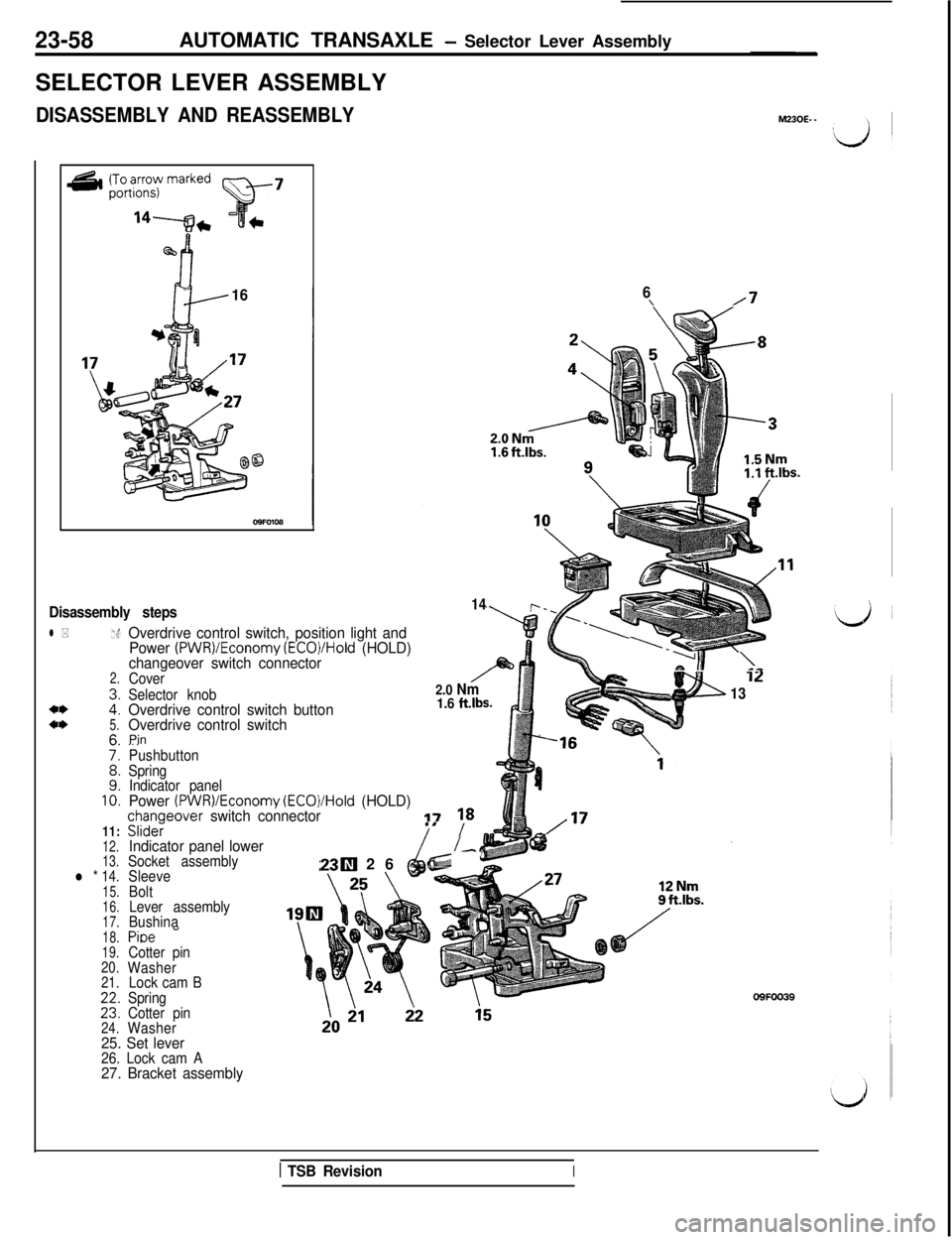 MITSUBISHI 3000GT 1991 Service Manual 23-58AUTOMATIC TRANSAXLE - Selector Lever Assembly
SELECTOR LEVER ASSEMBLY
DISASSEMBLY AND REASSEMBLY
@b
h-
16
Disassembly steps
l *1.
2.
**i:a*5.
76:
::10.11:
12.
13.
l * 14.15.
16.
17.
18.
19.
20.
2 MITSUBISHI 3000GT 1991 Service Manual 23-58AUTOMATIC TRANSAXLE - Selector Lever Assembly
SELECTOR LEVER ASSEMBLY
DISASSEMBLY AND REASSEMBLY
@b
h-
16
Disassembly steps
l *1.
2.
**i:a*5.
76:
::10.11:
12.
13.
l * 14.15.
16.
17.
18.
19.
20.
2