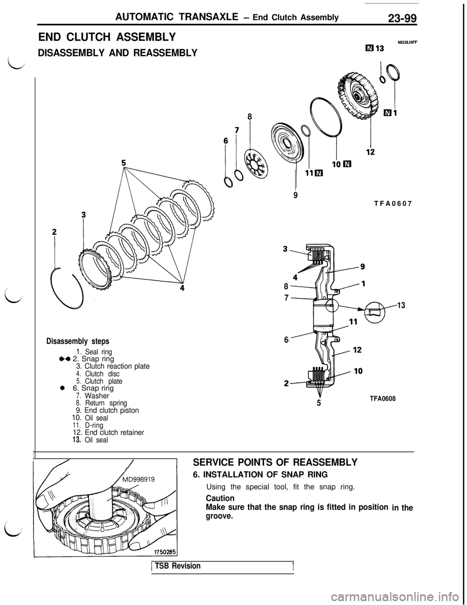 MITSUBISHI 3000GT 1991  Service Manual AUTOMATIC TRANSAXLE - End Clutch Assembly
END CLUTCH ASSEMBLY
DISASSEMBLY AND REASSEMBLY23-99
M23LHFF
Ial3
Disassembly steps
1.Seal ringI)4 2. Snap ring3. Clutch reaction plate4.Clutch disc5.Clutch pl