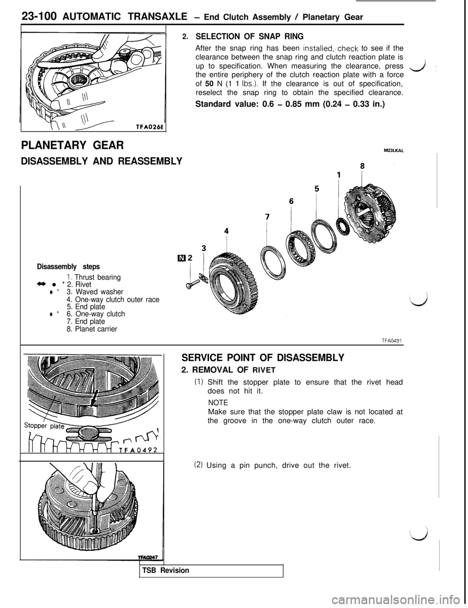 MITSUBISHI 3000GT 1991  Service Manual 23-100 AUTOMATIC TRANSAXLE - End Clutch Assembly / Planetary Gear
I\\\ 7TFA0268
PLANETARY GEAR
DISASSEMBLY AND REASSEMBLY
2.SELECTION OF SNAP RINGAfter the snap ring has been installed,.check to see i
