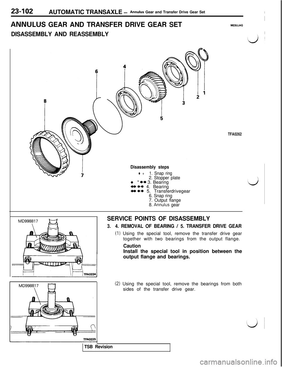 MITSUBISHI 3000GT 1991  Service Manual 23-102
AUTOMATIC TRANSAXLE -Annulus Gear and Transfer Drive Gear SetI
IANNULUS
 GEAR AND TRANSFER DRIVE GEAR SETM23LlAG
DISASSEMBLY AND REASSEMBLYI\
TFA0262
Disassembly steps
l +1. Snap ring2. Stopper