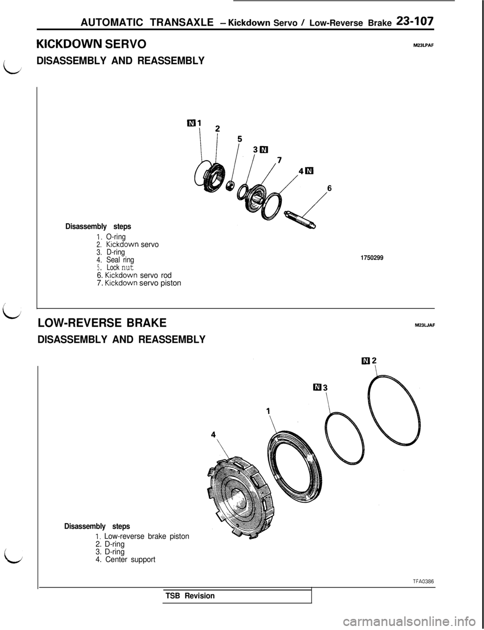 MITSUBISHI 3000GT 1991  Service Manual AUTOMATIC TRANSAXLE - Kickdown Servo / Low-Reverse Brake B-107
KICKDOWN SERVOM23lPAF
iDISASSEMBLY AND REASSEMBLY
L
6
1750299
Disassembly steps
1.O-ring2.Kickdownservo3.D-ring4.Seal ring5.Lock nut6. Ki
