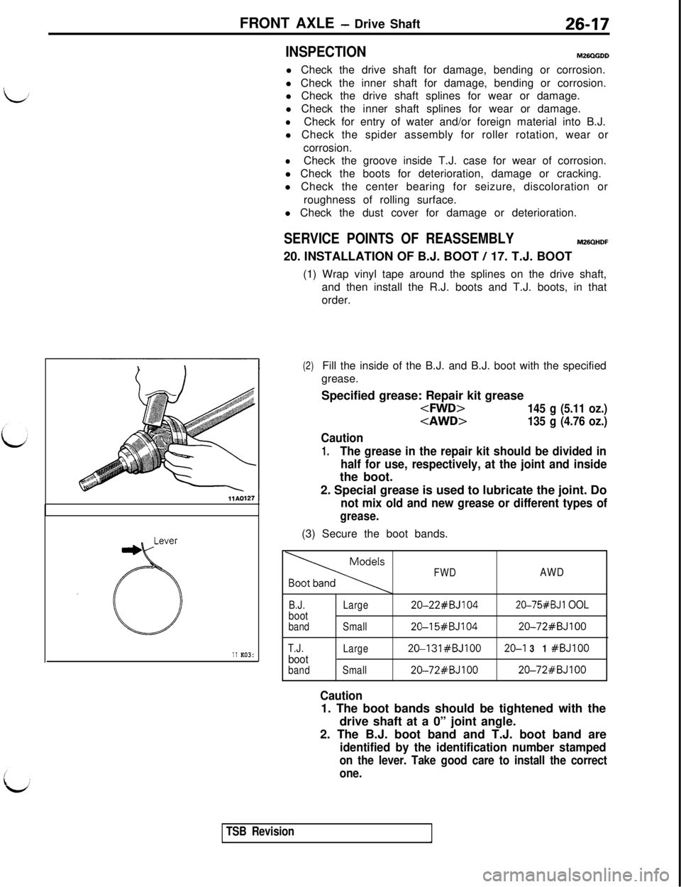 MITSUBISHI 3000GT 1991 Service Manual FRONT AXLE - Drive Shaft26-17
INSPECTIONM26QGDD
l Check the drive shaft for damage, bending or corrosion.
l Check the inner shaft for damage, bending or corrosion.
l Check the drive shaft splines for MITSUBISHI 3000GT 1991 Service Manual FRONT AXLE - Drive Shaft26-17
INSPECTIONM26QGDD
l Check the drive shaft for damage, bending or corrosion.
l Check the inner shaft for damage, bending or corrosion.
l Check the drive shaft splines for