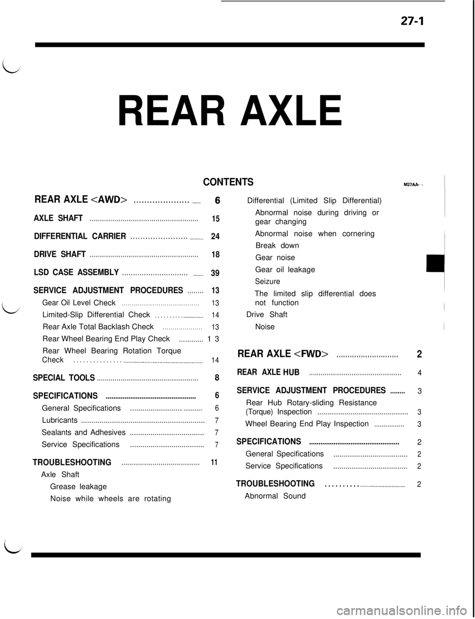 MITSUBISHI 3000GT 1991 Service Manual 27-1
REAR AXLE
CONTENTSM27AA- -~
REAR AXLE <AWD>. . . . . . . . . . . . . . . . . . . . . .._._..
AXLE SHAFT. . . . . . . . . . . . . . . . . . . . . . . . . . . . . . . . . . . . . . . . . . . . . . MITSUBISHI 3000GT 1991 Service Manual 27-1
REAR AXLE
CONTENTSM27AA- -~
REAR AXLE <AWD>. . . . . . . . . . . . . . . . . . . . . .._._..
AXLE SHAFT. . . . . . . . . . . . . . . . . . . . . . . . . . . . . . . . . . . . . . . . . . . . . .