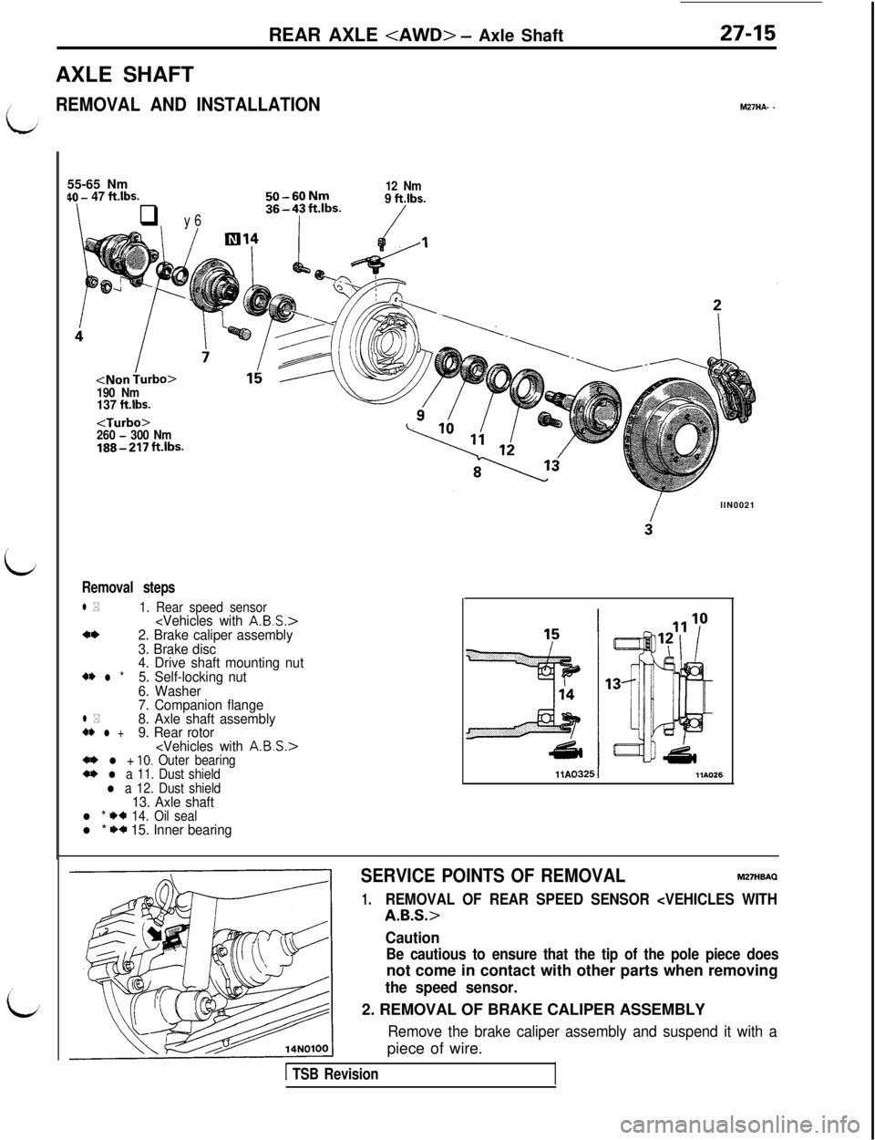 MITSUBISHI 3000GT 1991  Service Manual I’REAR AXLE 
<AWD> - Axle Shaft
AXLE SHAFT
REMOVAL AND INSTALLATION27-15M27HA- -
i
/
i55-65 Nm
QO - 47 ftlbs.
Iq y 6
50-60Nm
36-4?R.‘bs-
12 Nm9 ft.lbs.
/
190 Nm137 ft.lbs.<Turbo>
260 - 300 Nm188-2