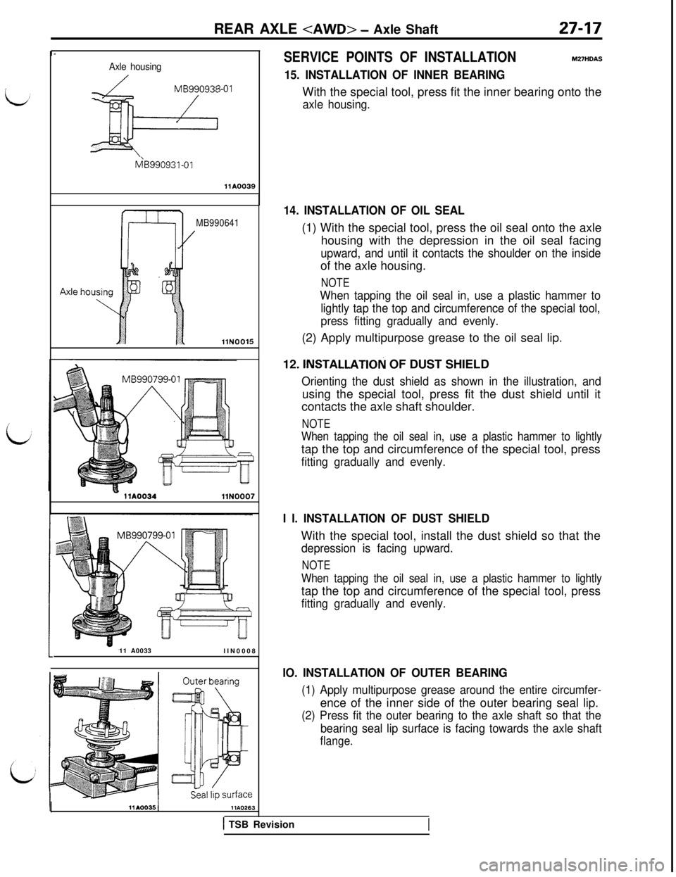 MITSUBISHI 3000GT 1991 Service Manual REAR AXLE <AWD> - Axle Shaft27-17
I-
Axle housing
MB990938-01
3fe
tiB990931-01
llA0039
MB990641
llN0015
r
- llAQ034llN000711 A0033
llN0008
SERVICE POINTS OF INSTALLATIONM27HOAS
15. INSTALLATION OF INN MITSUBISHI 3000GT 1991 Service Manual REAR AXLE <AWD> - Axle Shaft27-17
I-
Axle housing
MB990938-01
3fe
tiB990931-01
llA0039
MB990641
llN0015
r
- llAQ034llN000711 A0033
llN0008
SERVICE POINTS OF INSTALLATIONM27HOAS
15. INSTALLATION OF INN