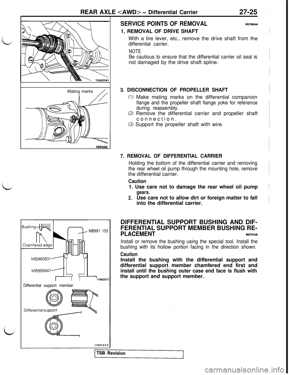 MITSUBISHI 3000GT 1991 Service Manual REAR AXLE <AWD> - Differential Carrier
27-25
Mating marks
//
MB991 153
MBggo8477J=f 4
Differential support member
llNOOl1
DifferentialllN0053
SERVICE POINTS OF REMOVALm27wAm
1. REMOVAL OF DRIVE SHAFT
MITSUBISHI 3000GT 1991 Service Manual REAR AXLE <AWD> - Differential Carrier
27-25
Mating marks
//
MB991 153
MBggo8477J=f 4
Differential support member
llNOOl1
DifferentialllN0053
SERVICE POINTS OF REMOVALm27wAm
1. REMOVAL OF DRIVE SHAFT