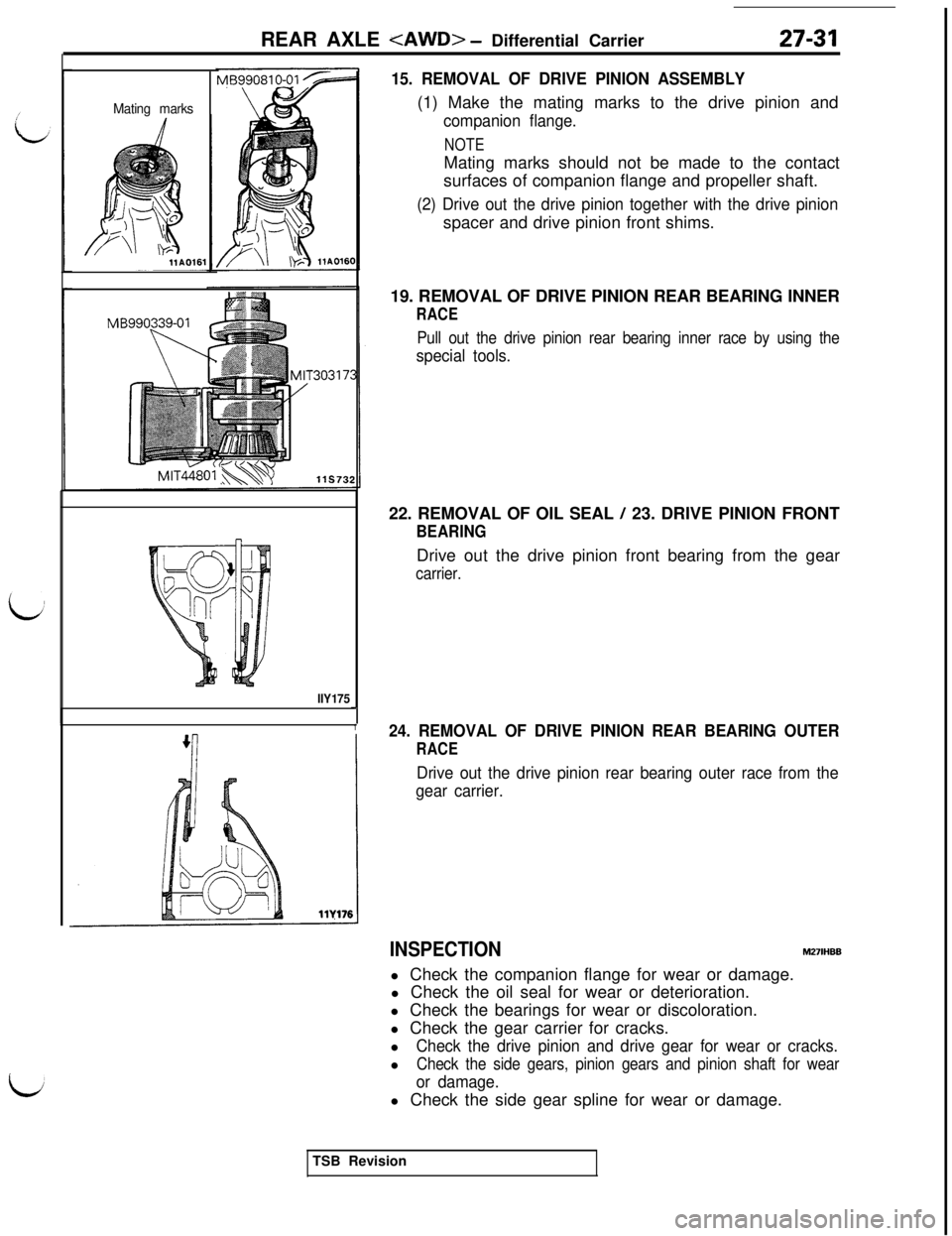 MITSUBISHI 3000GT 1991 Service Manual REAR AXLE <AWD> - Differential Carrier27-31
Mating marks
MB990339-01
llY175J
1
15. REMOVAL OF DRIVE PINION ASSEMBLY(1) Make the mating marks to the drive pinion and
companion flange.
NOTEMating marks MITSUBISHI 3000GT 1991 Service Manual REAR AXLE <AWD> - Differential Carrier27-31
Mating marks
MB990339-01
llY175J
1
15. REMOVAL OF DRIVE PINION ASSEMBLY(1) Make the mating marks to the drive pinion and
companion flange.
NOTEMating marks