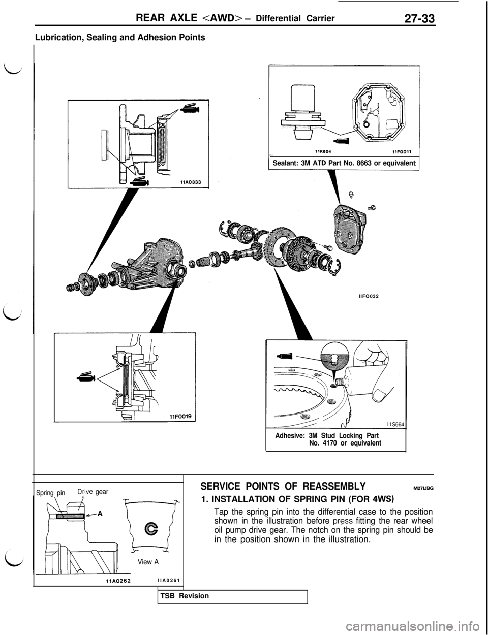 MITSUBISHI 3000GT 1991 Service Manual REAR AXLE <AWD> - Differential Carrier
27-33
Lubrication, Sealing and Adhesion Points
L
11lwO.llFOO11
Sealant: 3M AID Part No. 8663 or equivalentllFO032
Adhesive: 3M Stud Locking Part
No. 4170 or equi MITSUBISHI 3000GT 1991 Service Manual REAR AXLE <AWD> - Differential Carrier
27-33
Lubrication, Sealing and Adhesion Points
L
11lwO.llFOO11
Sealant: 3M AID Part No. 8663 or equivalentllFO032
Adhesive: 3M Stud Locking Part
No. 4170 or equi