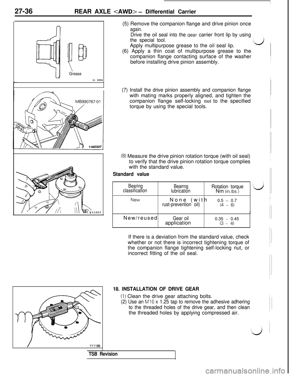 MITSUBISHI 3000GT 1991 Service Manual 27-36REAR AXLE <AWD> - Differential Carrier
:$.:::..::..&‘p
.!I Ia
.:...:.:::.:B. . ..i
\Grease
J
11 D55411223(5) Remove the companion flange and drive pinion once
again.
Drive the oil seal into the MITSUBISHI 3000GT 1991 Service Manual 27-36REAR AXLE <AWD> - Differential Carrier
:$.:::..::..&‘p
.!I Ia
.:...:.:::.:B. . ..i
\Grease
J
11 D55411223(5) Remove the companion flange and drive pinion once
again.
Drive the oil seal into the