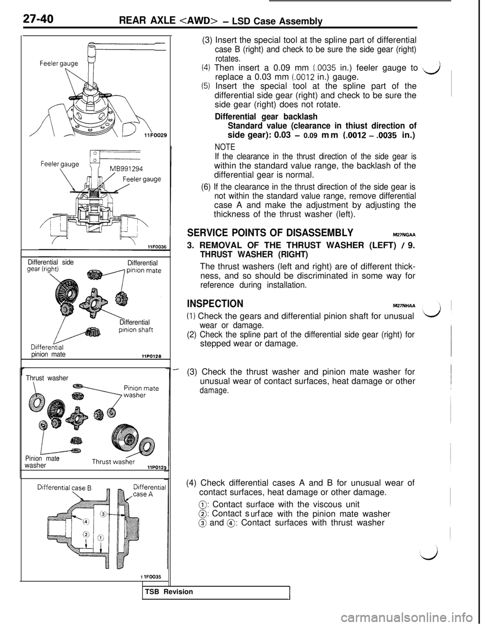 MITSUBISHI 3000GT 1991 Service Manual 27-40REAR AXLE <AWD>- LSD Case Assembly
r
Differential side
Differential
Differential
pinion mate
Thrust washer
llPO128
Pinion matewasherllPO12’
1 lFOO35(3) Insert the special tool at the spline par MITSUBISHI 3000GT 1991 Service Manual 27-40REAR AXLE <AWD>- LSD Case Assembly
r
Differential side
Differential
Differential
pinion mate
Thrust washer
llPO128
Pinion matewasherllPO12’
1 lFOO35(3) Insert the special tool at the spline par