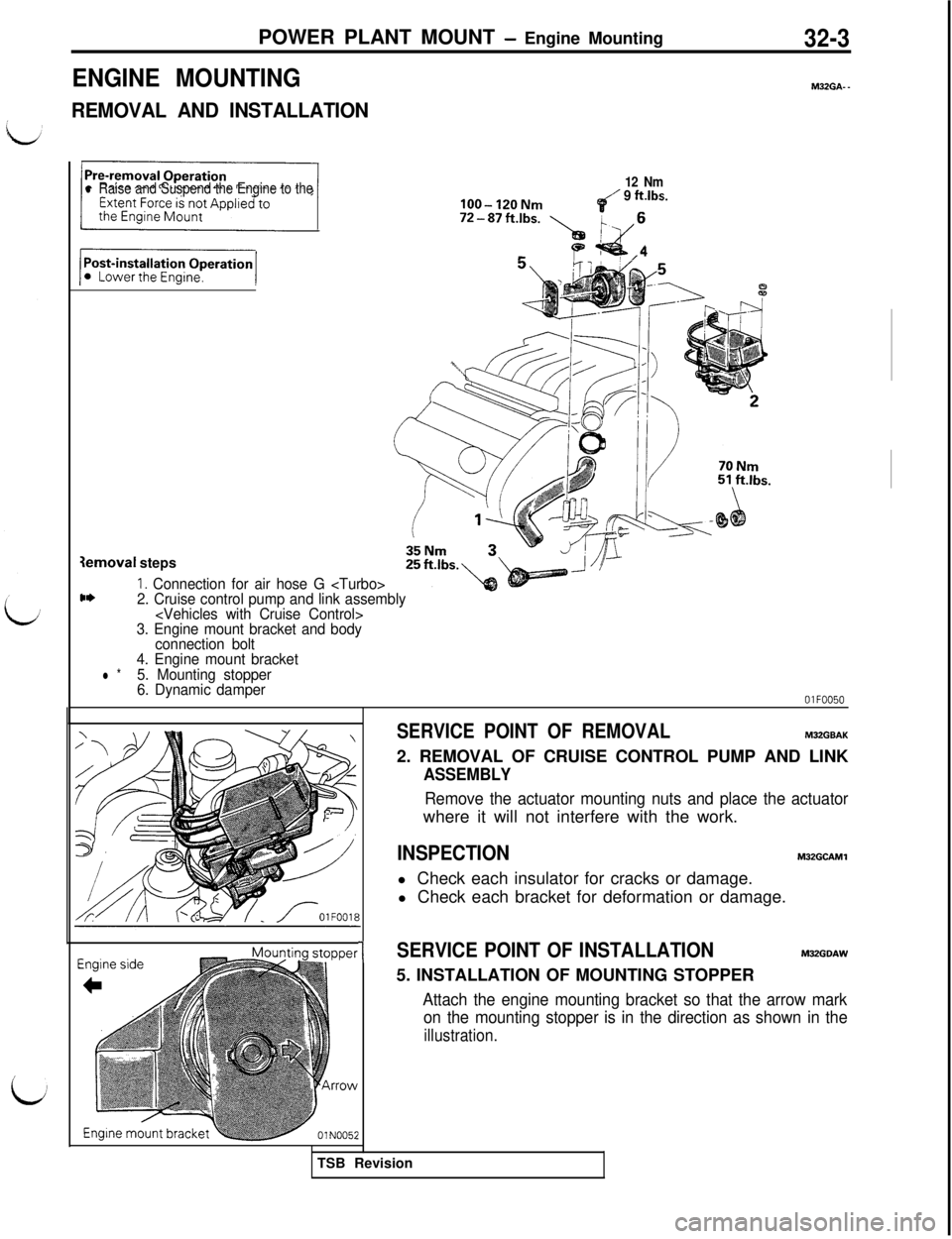 MITSUBISHI 3000GT 1991 Service Manual POWER PLANT MOUNT - Engine Mounting
ENGINE MOUNTING
REMOVAL AND INSTALLATION
32-3
l Raise and Suspend the Engine to the12 Nm
lOO-120Nm(9 ftlbs.
72-87ftlbs. > &6
rI’ I/4
c*1. Connection for air hose MITSUBISHI 3000GT 1991 Service Manual POWER PLANT MOUNT - Engine Mounting
ENGINE MOUNTING
REMOVAL AND INSTALLATION
32-3
l Raise and Suspend the Engine to the12 Nm
lOO-120Nm(9 ftlbs.
72-87ftlbs. > &6
rI’ I/4
c*1. Connection for air hose