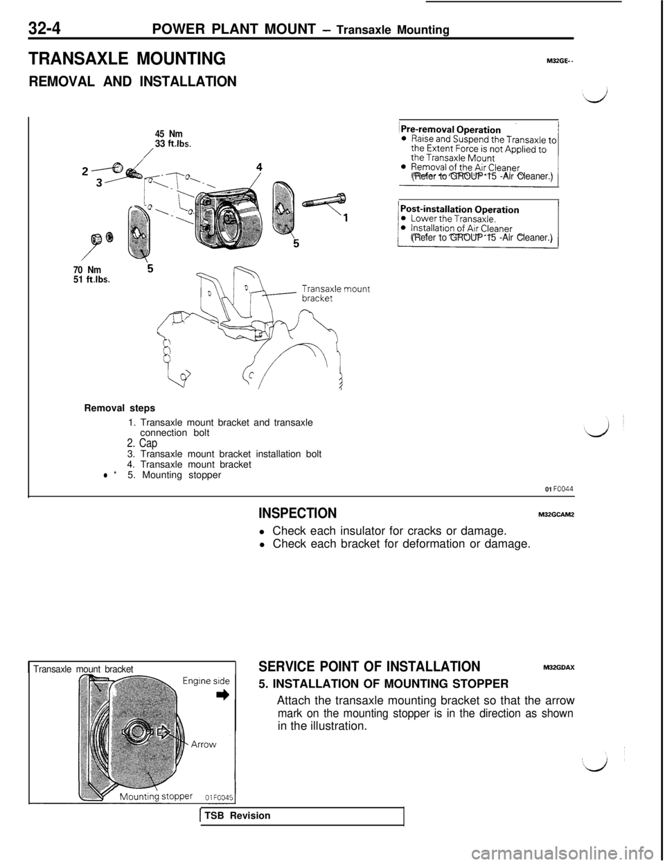 MITSUBISHI 3000GT 1991 Service Manual 32-4POWER PLANT MOUNT - Transaxle Mounting
TRANSAXLE MOUNTING
REMOVAL AND INSTALLATION
M32GE- -
45 Nm33 ft.lbs.
/
70 Nm51 ftlbs.
(Refer to GROUP 15 -Air Cleaner.)
(Refer to GROUP 15 -Air Cleaner.)Remo MITSUBISHI 3000GT 1991 Service Manual 32-4POWER PLANT MOUNT - Transaxle Mounting
TRANSAXLE MOUNTING
REMOVAL AND INSTALLATION
M32GE- -
45 Nm33 ft.lbs.
/
70 Nm51 ftlbs.
(Refer to GROUP 15 -Air Cleaner.)
(Refer to GROUP 15 -Air Cleaner.)Remo