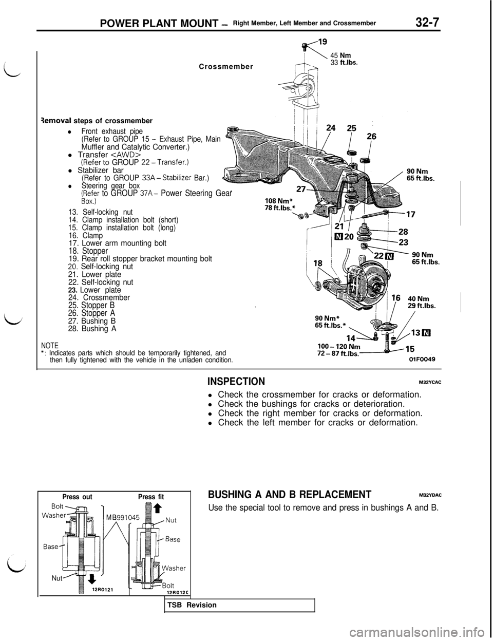 MITSUBISHI 3000GT 1991 Service Manual POWER PLANT MOUNT -Right Member, Left Member and Crossmember32-7
L
L;Crossmember
45 Nm
r-f33 ftlbs.;13emoval steps of crossmember
lFront exhaust pipe
(Refer to GROUP 15 - Exhaust Pipe, MainMuffler and MITSUBISHI 3000GT 1991 Service Manual POWER PLANT MOUNT -Right Member, Left Member and Crossmember32-7
L
L;Crossmember
45 Nm
r-f33 ftlbs.;13emoval steps of crossmember
lFront exhaust pipe
(Refer to GROUP 15 - Exhaust Pipe, MainMuffler and
