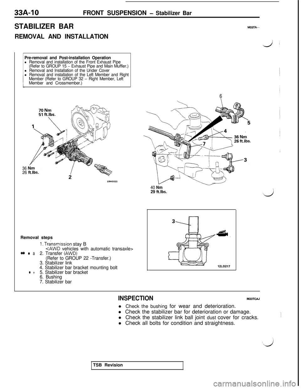 MITSUBISHI 3000GT 1991 Service Manual 33A-10FRONT SUSPENSION - Stabilizer Bar
STABILIZER BAR
REMOVAL AND INSTALLATION
Pre-removal and Post-installation Operationl Removal and installation of the Front Exhaust Pipe
(Refer to GROUP 15 - Exh MITSUBISHI 3000GT 1991 Service Manual 33A-10FRONT SUSPENSION - Stabilizer Bar
STABILIZER BAR
REMOVAL AND INSTALLATION
Pre-removal and Post-installation Operationl Removal and installation of the Front Exhaust Pipe
(Refer to GROUP 15 - Exh