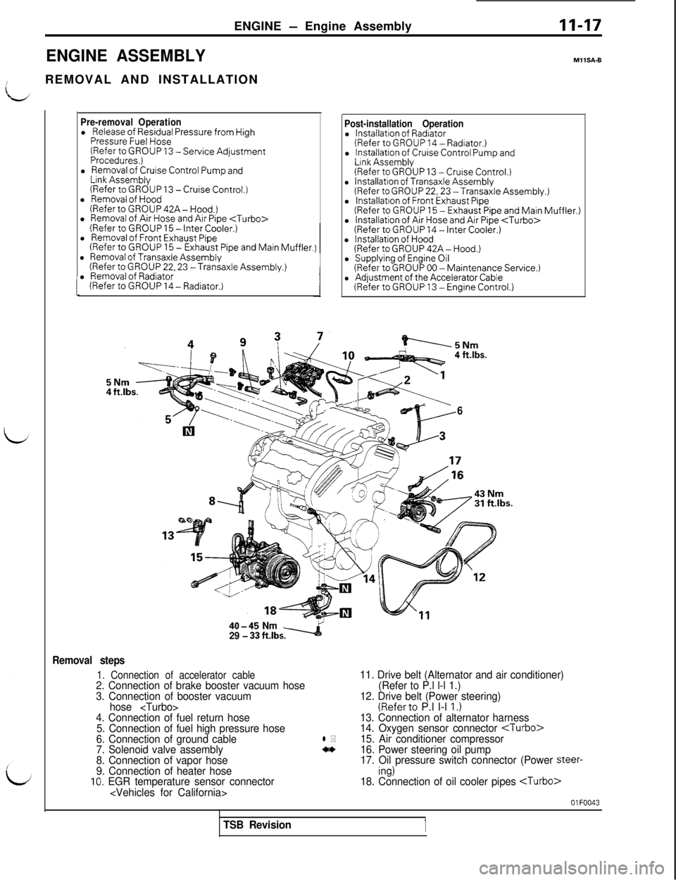 MITSUBISHI 3000GT 1991  Service Manual ENGINE - Engine AssemblyII-17
ENGINE ASSEMBLY
/REMOVAL AND INSTALLATION
I
Pre-removal Operationl Release of Residual Pressure from HighPressure Fuel Hose(Refer to GROUP 13 -Service AdjustmentProcedure