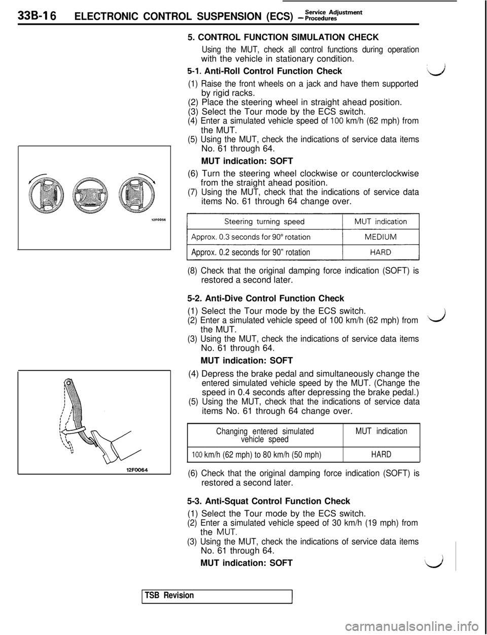 MITSUBISHI 3000GT 1991 Service Manual 339-l 6ELECTRONIC CONTROL SUSPENSION (ECS) - ;;:%,:?‘Stment5. CONTROL FUNCTION SIMULATION CHECK
Using the MUT, check all control functions during operationwith the vehicle in stationary condition.
5 MITSUBISHI 3000GT 1991 Service Manual 339-l 6ELECTRONIC CONTROL SUSPENSION (ECS) - ;;:%,:?‘Stment5. CONTROL FUNCTION SIMULATION CHECK
Using the MUT, check all control functions during operationwith the vehicle in stationary condition.
5