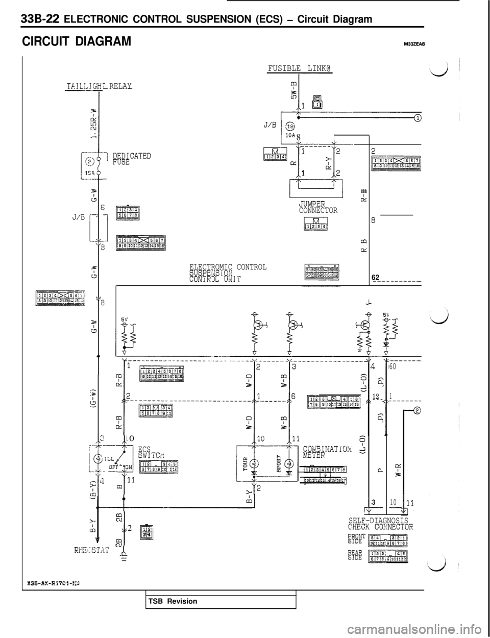 MITSUBISHI 3000GT 1991 Service Manual 33B-22 ELECTRONIC CONTROL SUSPENSION (ECS) - Circuit Diagram
CIRCUIT DIAGRAMM33ZEAB
TAILL-_
-
!
!-1
J/G
pyspq3 2 10’1? 12!~3 Ir. Eli
,lGH-.-
3&
Eiv,I
1 \L-2
E
s=
43
21_r
%c;
0
,-:=
J.4
T RELAY--
-1 MITSUBISHI 3000GT 1991 Service Manual 33B-22 ELECTRONIC CONTROL SUSPENSION (ECS) - Circuit Diagram
CIRCUIT DIAGRAMM33ZEAB
TAILL-_
-
!
!-1
J/G
pyspq3 2 10’1? 12!~3 Ir. Eli
,lGH-.-
3&
Eiv,I
1 \L-2
E
s=
43
21_r
%c;
0
,-:=
J.4
T RELAY--
-1