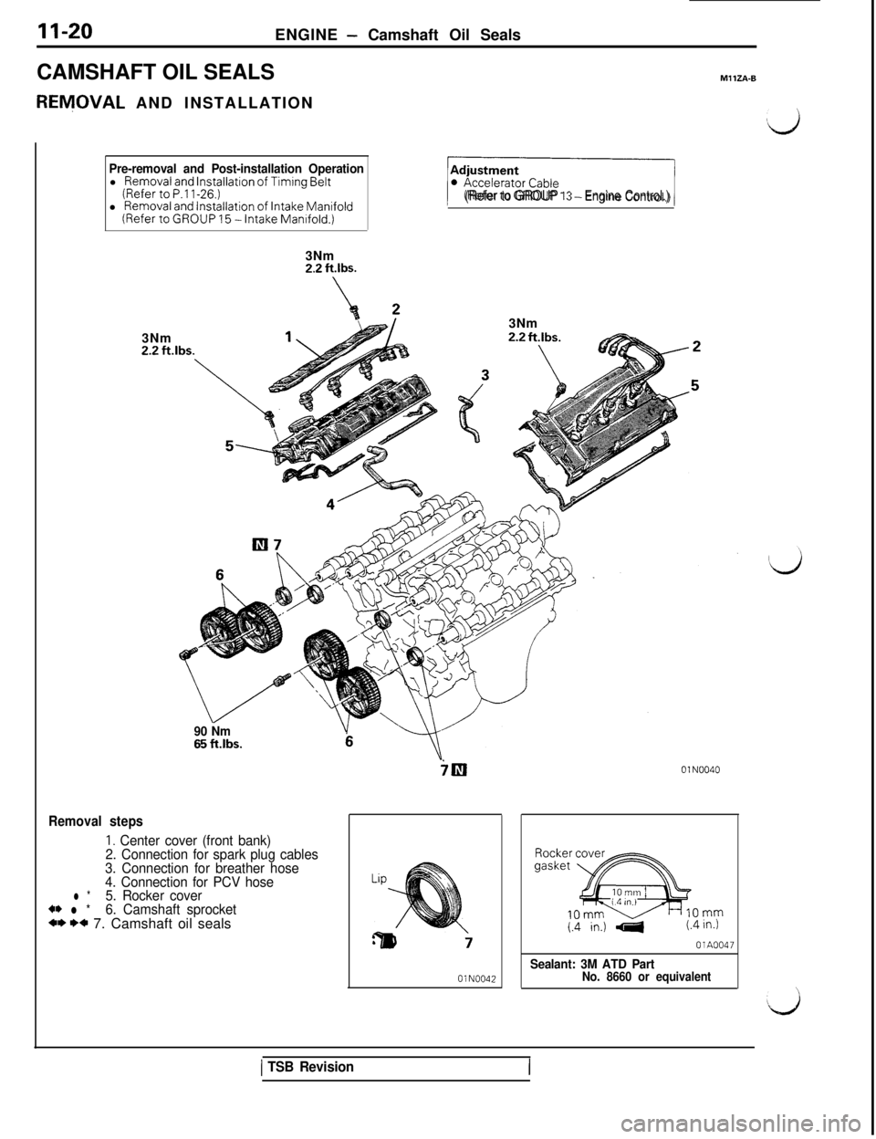 MITSUBISHI 3000GT 1991 Repair Manual II-20ENGINE - Camshaft Oil Seals
CAMSHAFT OIL SEALS
RElVjOVAL AND INSTALLATION
MllZA-B
Pre-removal and Post-installation Operationl Removal and Installation of Timing Belt(Refer to P.l l-26.)l Removal MITSUBISHI 3000GT 1991 Repair Manual II-20ENGINE - Camshaft Oil Seals
CAMSHAFT OIL SEALS
RElVjOVAL AND INSTALLATION
MllZA-B
Pre-removal and Post-installation Operationl Removal and Installation of Timing Belt(Refer to P.l l-26.)l Removal