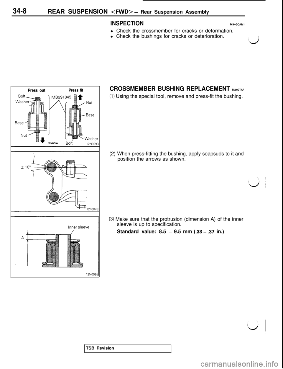 MITSUBISHI 3000GT 1991 Service Manual 34-8REAR SUSPENSION <FWD> - Rear Suspension Assembly
INSPECTIONM34GcANll Check the crossmember for cracks or deformation.
l Check the bushings for cracks or deterioration.
;d
Press outPress fit12N009f MITSUBISHI 3000GT 1991 Service Manual 34-8REAR SUSPENSION <FWD> - Rear Suspension Assembly
INSPECTIONM34GcANll Check the crossmember for cracks or deformation.
l Check the bushings for cracks or deterioration.
;d
Press outPress fit12N009f