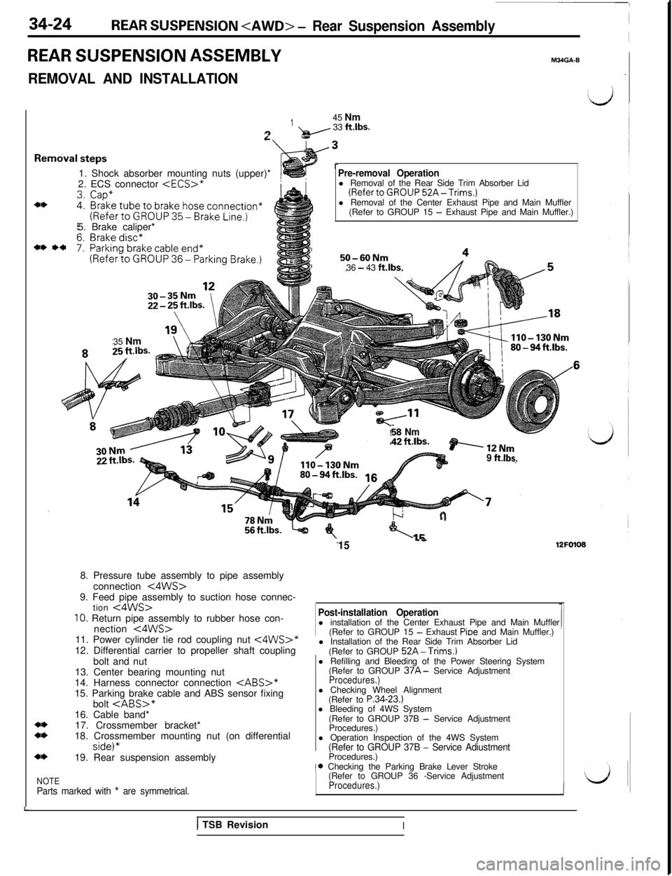 MITSUBISHI 3000GT 1991 Service Manual 34-24REAR SUSPENSION <AWD> - Rear Suspension Assembly
REAR SUSPENSION ASSEMBLY
REMOVAL AND INSTALLATION
M34GA-B
L
Rel
145 Nm9- 33 ftlbs.
1. Shock absorber mounting nuts (upper)*
2. ECS connector
<ECS MITSUBISHI 3000GT 1991 Service Manual 34-24REAR SUSPENSION <AWD> - Rear Suspension Assembly
REAR SUSPENSION ASSEMBLY
REMOVAL AND INSTALLATION
M34GA-B
L
Rel
145 Nm9- 33 ftlbs.
1. Shock absorber mounting nuts (upper)*
2. ECS connector
<ECS