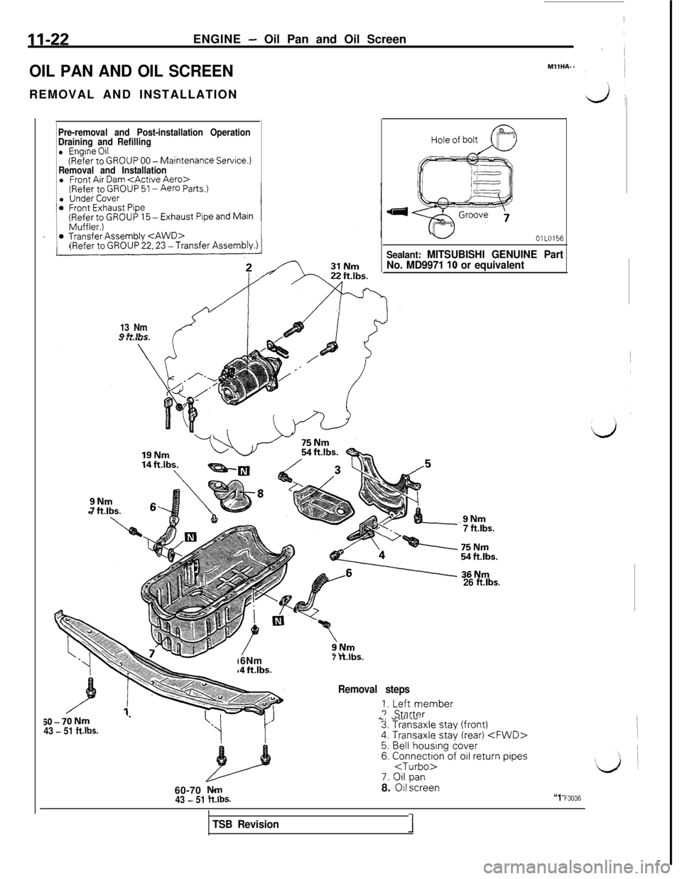 MITSUBISHI 3000GT 1991 Manual PDF II-22ENGINE - Oil Pan and Oil Screen
OIL PAN AND OIL SCREENREMOVAL AND INSTALLATION
Pre-removal and Post-installation Operation
Draining and Refilling
l Engine Oil(Refer to GROUP 00 -Maintenance Servi