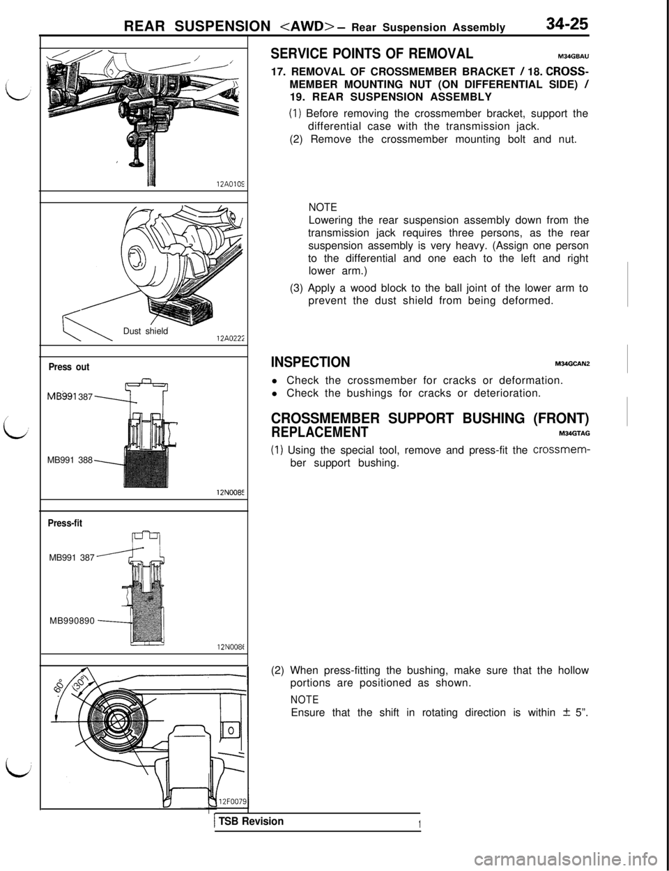 MITSUBISHI 3000GT 1991 Service Manual REAR SUSPENSION <AWD> - Rear Suspension Assembly34-2512AOlOE
Dust shield12A022i
Press outMB991 387
MB991 38812N008E
Press-fitMB991 387
MB99089012N008f
SERVICE POINTS OF REMOVALM34GBAU17. REMOVAL OF CR MITSUBISHI 3000GT 1991 Service Manual REAR SUSPENSION <AWD> - Rear Suspension Assembly34-2512AOlOE
Dust shield12A022i
Press outMB991 387
MB991 38812N008E
Press-fitMB991 387
MB99089012N008f
SERVICE POINTS OF REMOVALM34GBAU17. REMOVAL OF CR