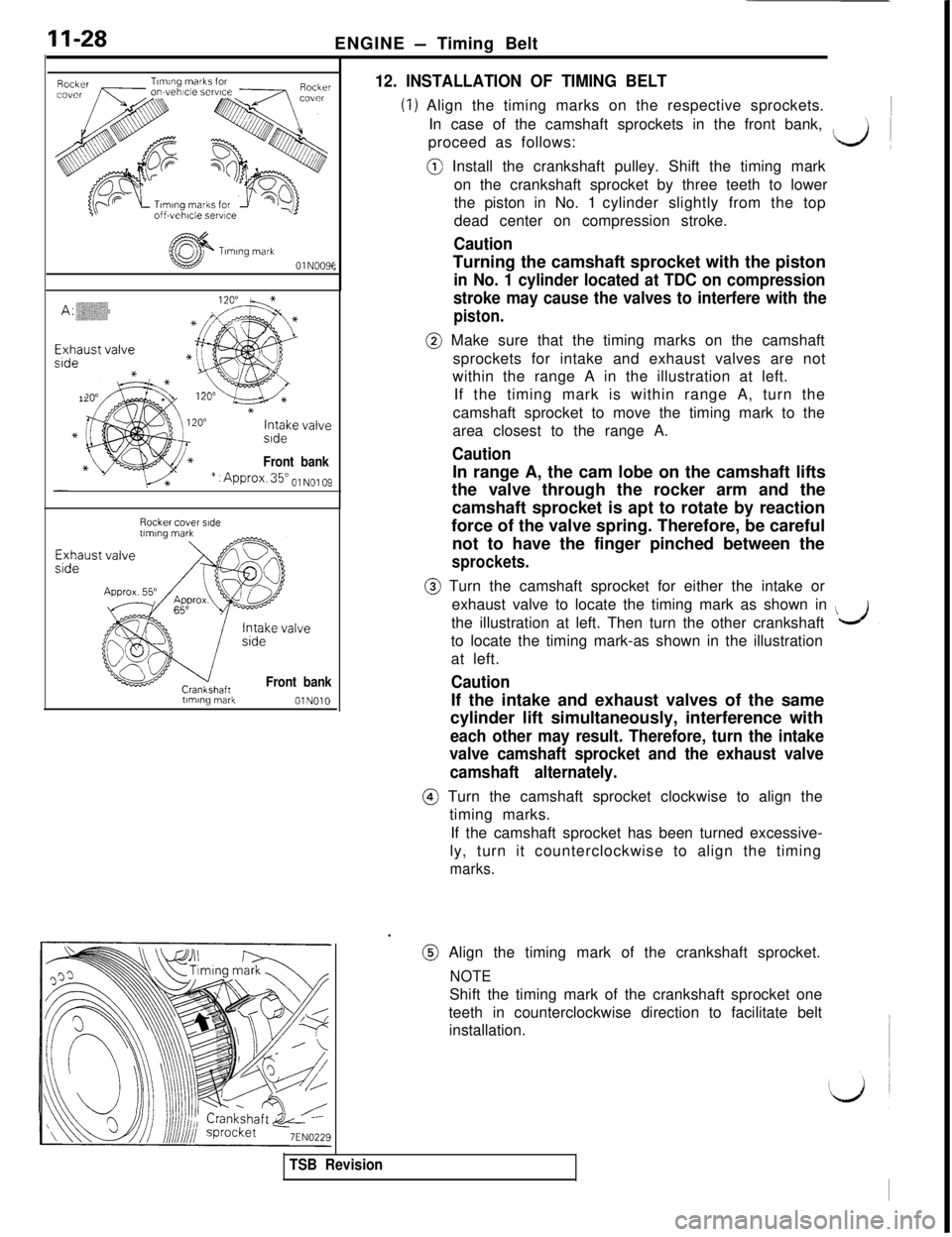 MITSUBISHI 3000GT 1991  Service Manual 11-28ENGINE - Timing Belt
Tlmlng mark01 N009E
A : :y,y;i;,$yi *&:;.~:;>
Exhaust valveside
*
/’*
120"* -1"
(*
6
7.^^^J‘c;Y
1zv w**
Intake valveside
Front bank
* : Approx. 35” o1 N0, og
Rockercove