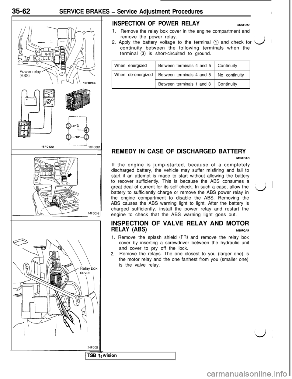 MITSUBISHI 3000GT 1991  Service Manual When energized
Between terminals 4 and 5Continuity
When de-energized
Between terminals 4 and 5\i fl \\ 16FO264No continuity
Between terminals 1 and 3Continuity
16FO122L--J18FOCII
SERVICE BRAKES - Serv