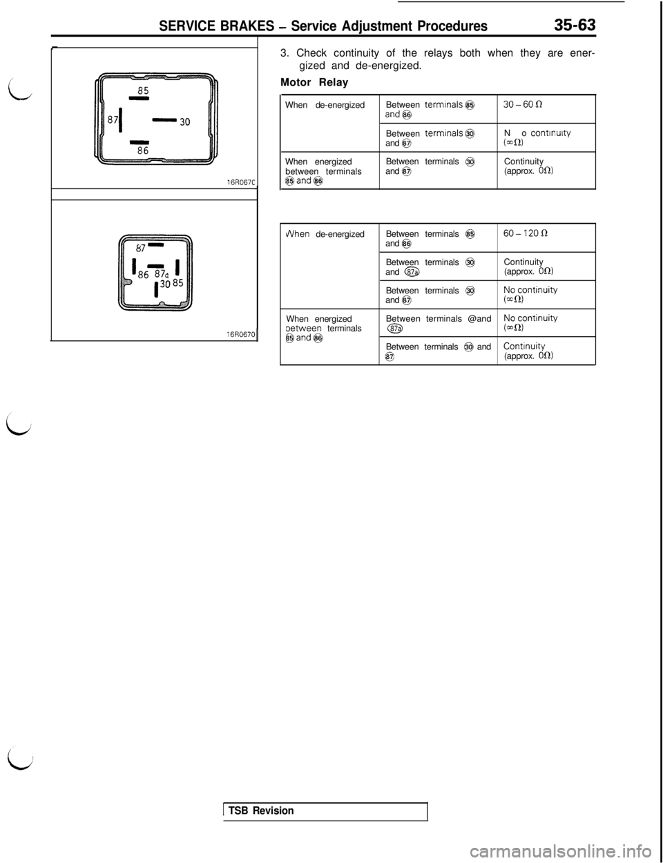 MITSUBISHI 3000GT 1991  Service Manual SERVICE BRAKES - Service Adjustment Procedures35-6316R067C
16R06703. Check continuity of the relays both when they are ener-
gized and de-energized.
Motor Relay
When de-energizedBetween 
termrnals @30