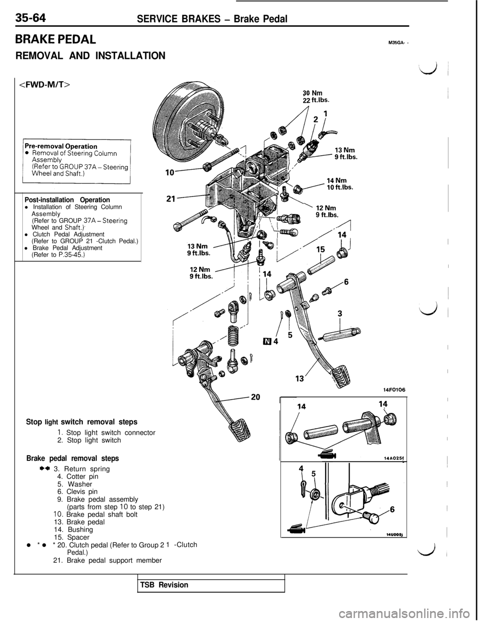 MITSUBISHI 3000GT 1991  Service Manual 35-64SERVICE BRAKES - Brake Pedal
BRAKE PEDAL
REMOVAL AND INSTALLATIONM35GA-
 -
<FWD-M/T>
Post-installation Operationl Installation of Steering Column
Assembly
(Refer to GROUP 
37A-SteeringWheel and S