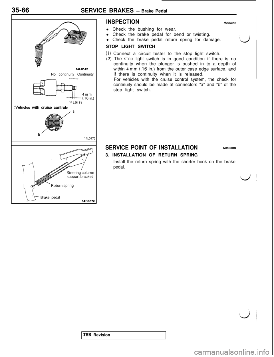 MITSUBISHI 3000GT 1991  Service Manual 35-66SERVICE BRAKES - Brake Pedal
14LO142No continuity Continuity
4mm
(.I6 in.)14LO171
:Vehicles with cruise control>a
b14LO17C
Brake pedal
14FOO76
INSPECTIONM35GCANl Check the bushing for wear.
l Che