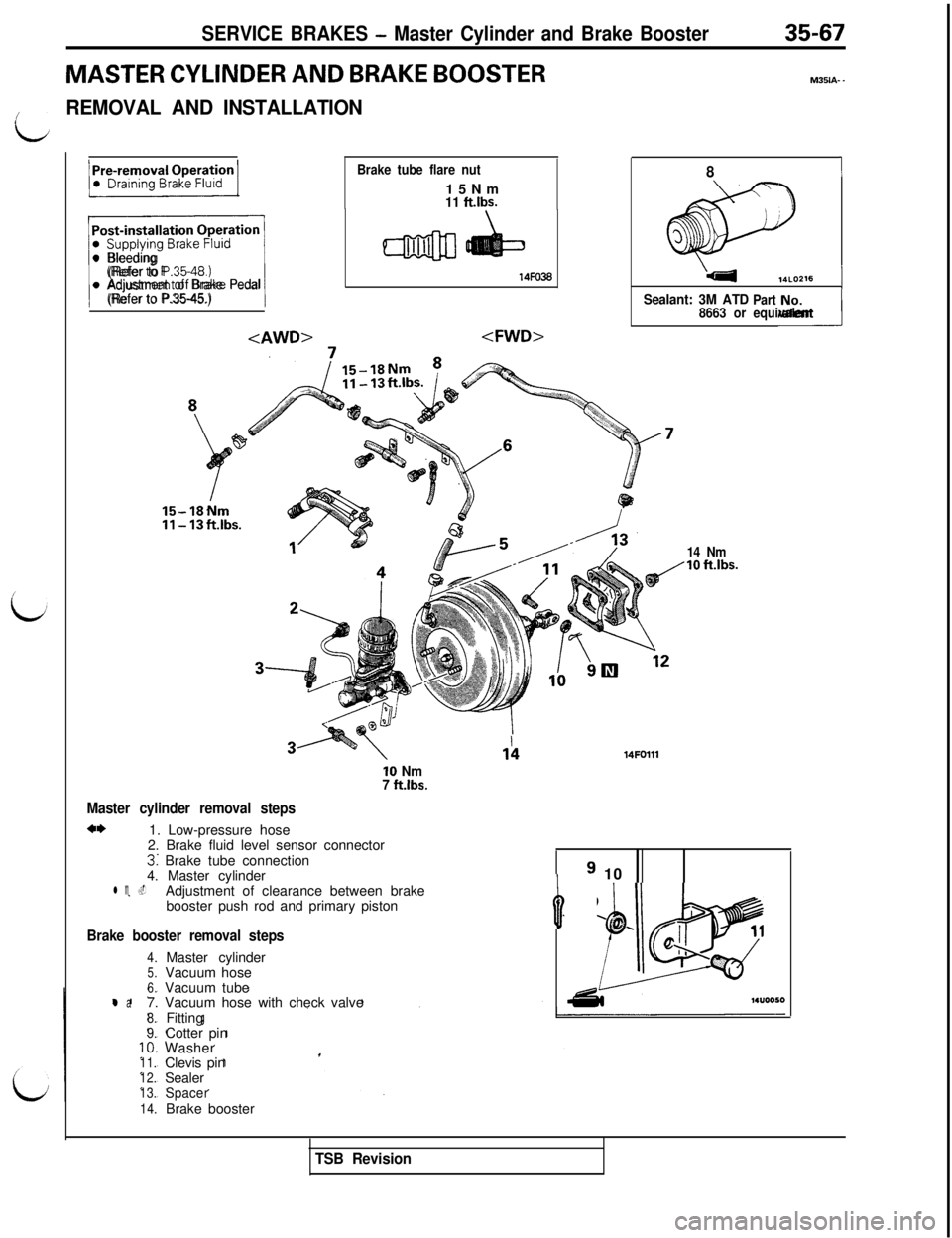 MITSUBISHI 3000GT 1991  Service Manual Brake tube flare nut15Nm
11 ft.lbs.
m14FO38
<FWD>
Post-installation Operationl Supplying Brake Fluid
l-----l
l Bleeding(Refer to P.35-48.)l Adjustment of Brake Pedal
(Refer to P.35-45.)
<AWD>
81
‘41
