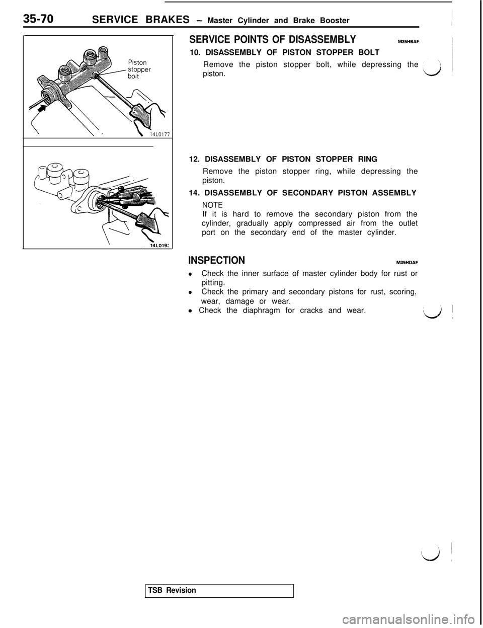 MITSUBISHI 3000GT 1991  Service Manual 35-70SERVICE BRAKES - Master Cylinder and Brake Booster
SERVICE POINTS OF DISASSEMBLYMBSHBAF10. DISASSEMBLY OF PISTON STOPPER BOLT
Remove the piston stopper bolt, while depressing the
piston.
12. DISA