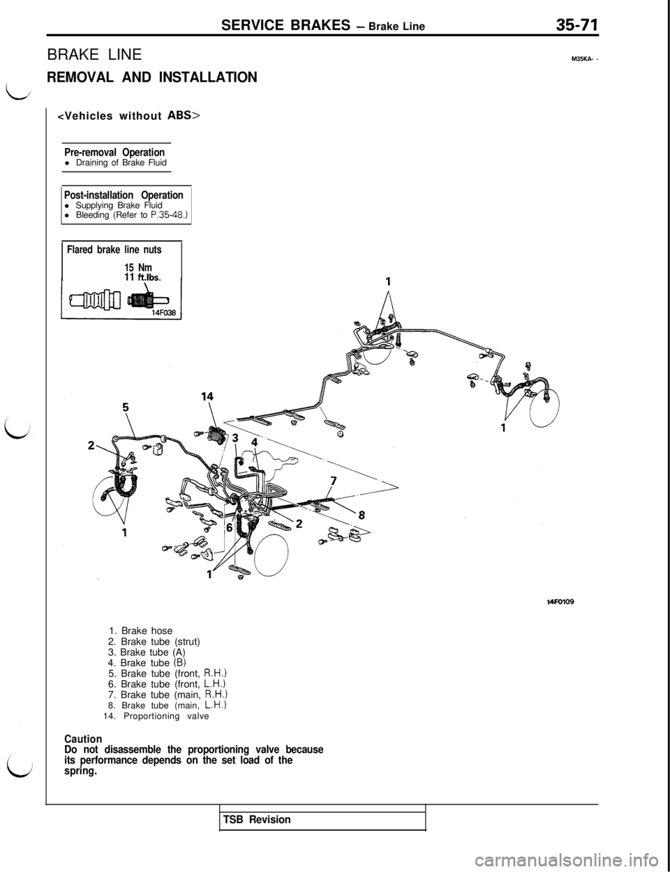 MITSUBISHI 3000GT 1991  Service Manual SERVICE BRAKES - Brake Line
BRAKE LINE
REMOVAL AND INSTALLATION35-71
M35uA. -<Vehicles without 
ABS>
Pre-removal Operationl Draining of Brake Fluid
Post-installation Operationl Supplying Brake Fluid
l