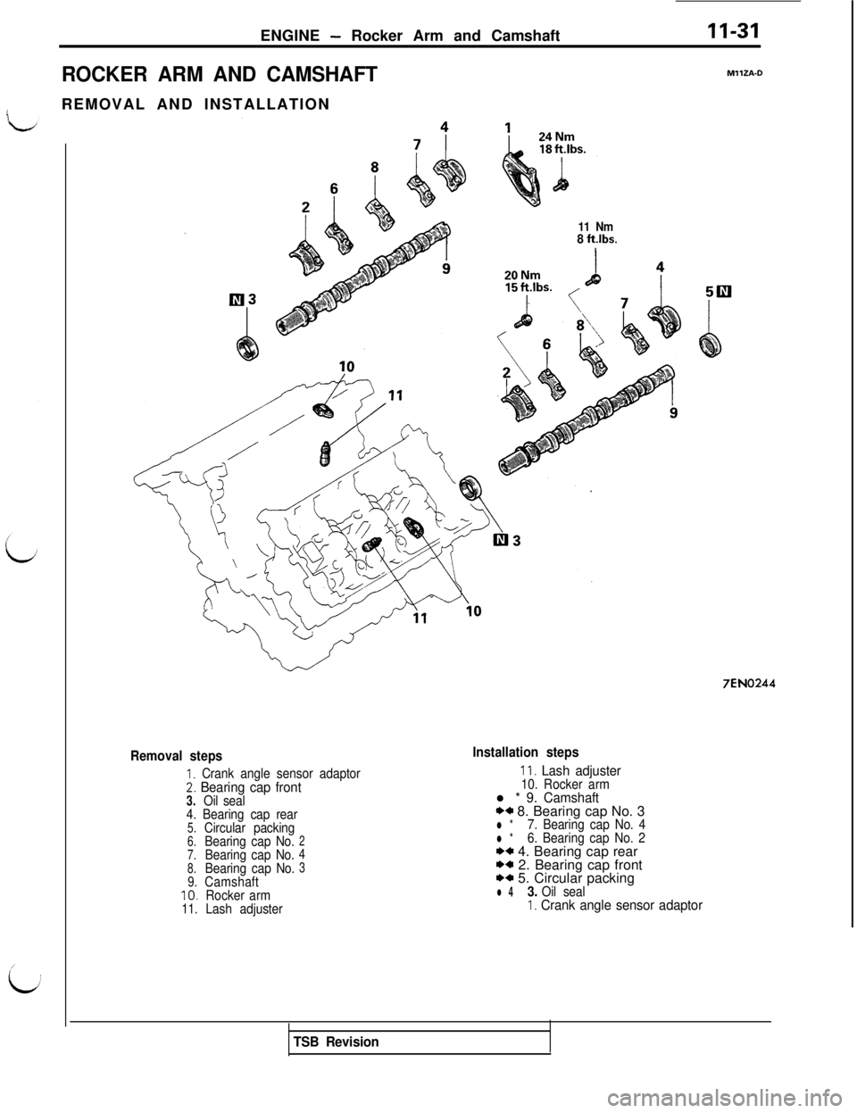 MITSUBISHI 3000GT 1991  Service Manual ENGINE - Rocker Arm and Camshaft11-31
ROCKER ARM AND CAMSHAFTREMOVAL AND INSTALLATION
11 Nm8 ftlbs.
MllZA-0
7EN0244
Removal steps
I. Crank angle sensor adaptor2. Bearing cap front3.Oil seal
4. Bearing
