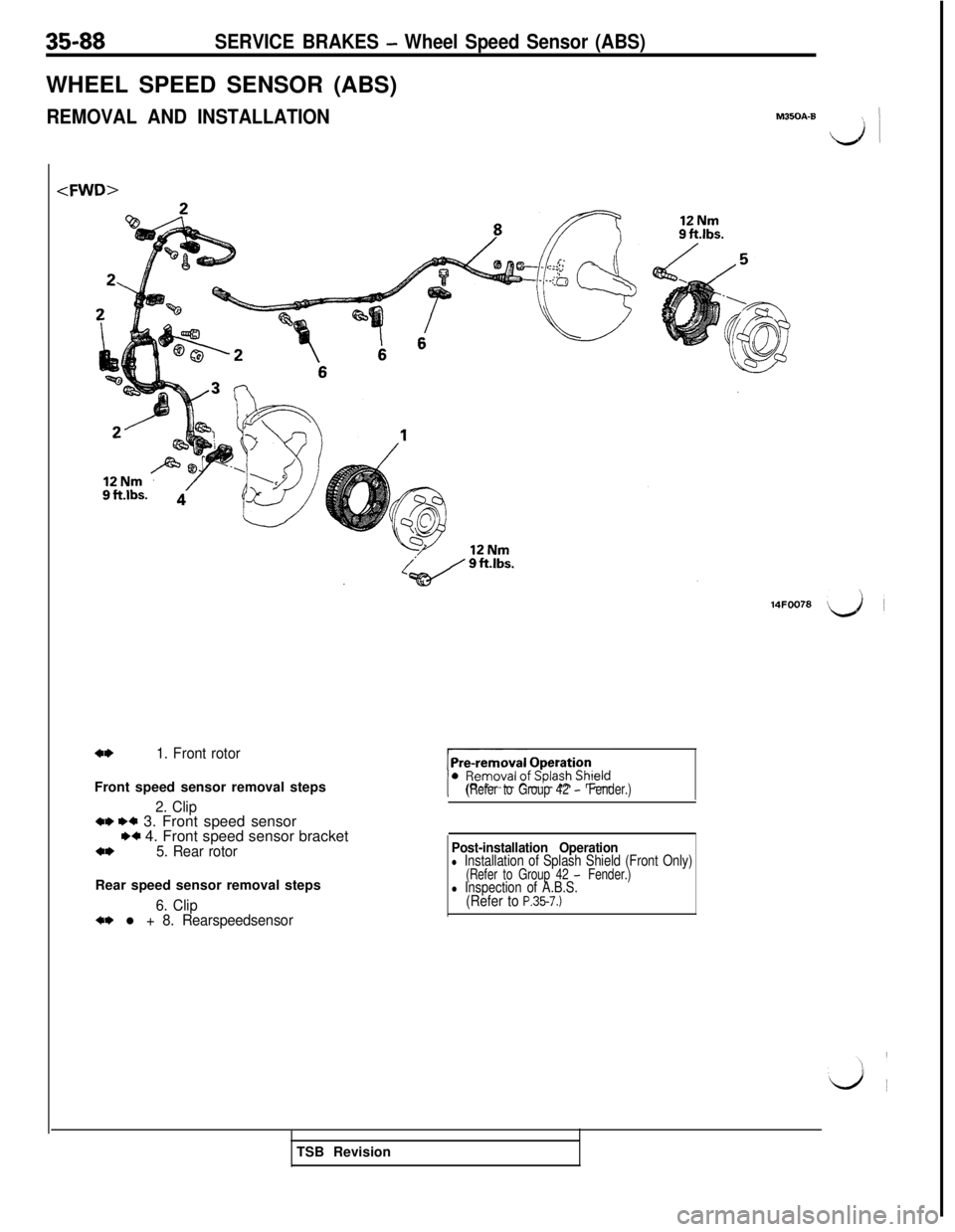 MITSUBISHI 3000GT 1991 Service Manual 3588SERVICE BRAKES - Wheel Speed Sensor (ABS)WHEEL SPEED SENSOR (ABS)
REMOVAL AND INSTALLATION
<FWD>
a*1. Front rotorFront speed sensor removal steps
2. Clip*I) ++ 3. Front speed sensorw 4. Front spee MITSUBISHI 3000GT 1991 Service Manual 3588SERVICE BRAKES - Wheel Speed Sensor (ABS)WHEEL SPEED SENSOR (ABS)
REMOVAL AND INSTALLATION
<FWD>
a*1. Front rotorFront speed sensor removal steps
2. Clip*I) ++ 3. Front speed sensorw 4. Front spee