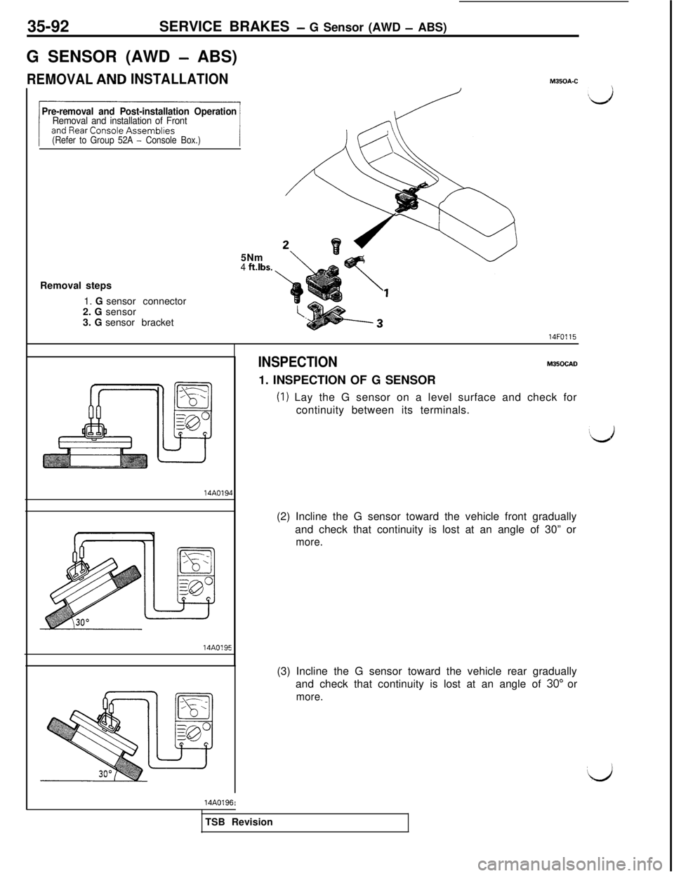 MITSUBISHI 3000GT 1991  Service Manual 35-92SERVICE BRAKES - G Sensor (AWD - ABS)
G SENSOR (AWD 
- ABS)
REMOVALINSTALLATION
Pre-removal and Post-installation OperationRemoval and installation of Front
(Refer to Group 52A - Console Box.)
M3