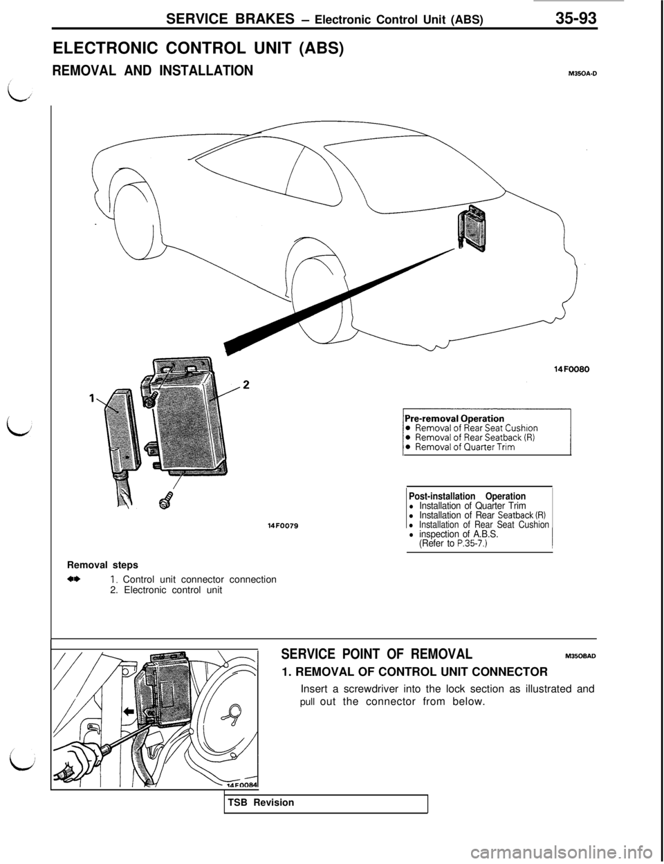 MITSUBISHI 3000GT 1991  Service Manual SERVICE BRAKES - Electronic Control Unit (ABS)
ELECTRONIC CONTROL UNIT (ABS)
REMOVAL AND INSTALLATION35-93M350A.D
14FOO79
Post-installation Operationl Installation of Quarter Triml Installation of Rea