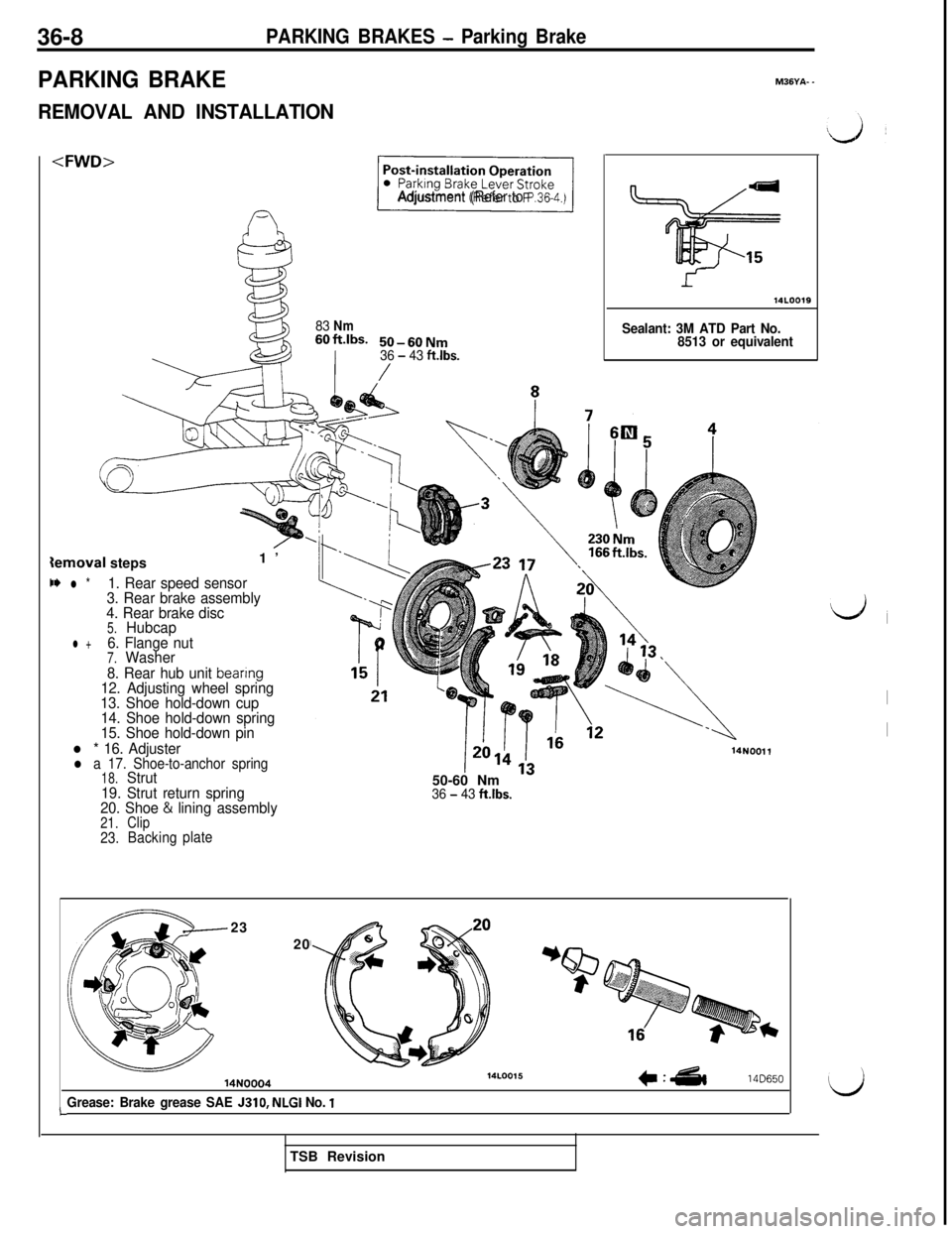 MITSUBISHI 3000GT 1991 Service Manual 36-8PARKING BRAKES - Parking Brake
PARKING BRAKE
REMOVAL AND INSTALLATION
<FWD>{emoval steps1’
C* l *1. Rear speed sensor
3. Rear brake assembly
4. Rear brake disc
5.Hubcap
l +6. Flange nut7.Washer
MITSUBISHI 3000GT 1991 Service Manual 36-8PARKING BRAKES - Parking Brake
PARKING BRAKE
REMOVAL AND INSTALLATION
<FWD>{emoval steps1’
C* l *1. Rear speed sensor
3. Rear brake assembly
4. Rear brake disc
5.Hubcap
l +6. Flange nut7.Washer
